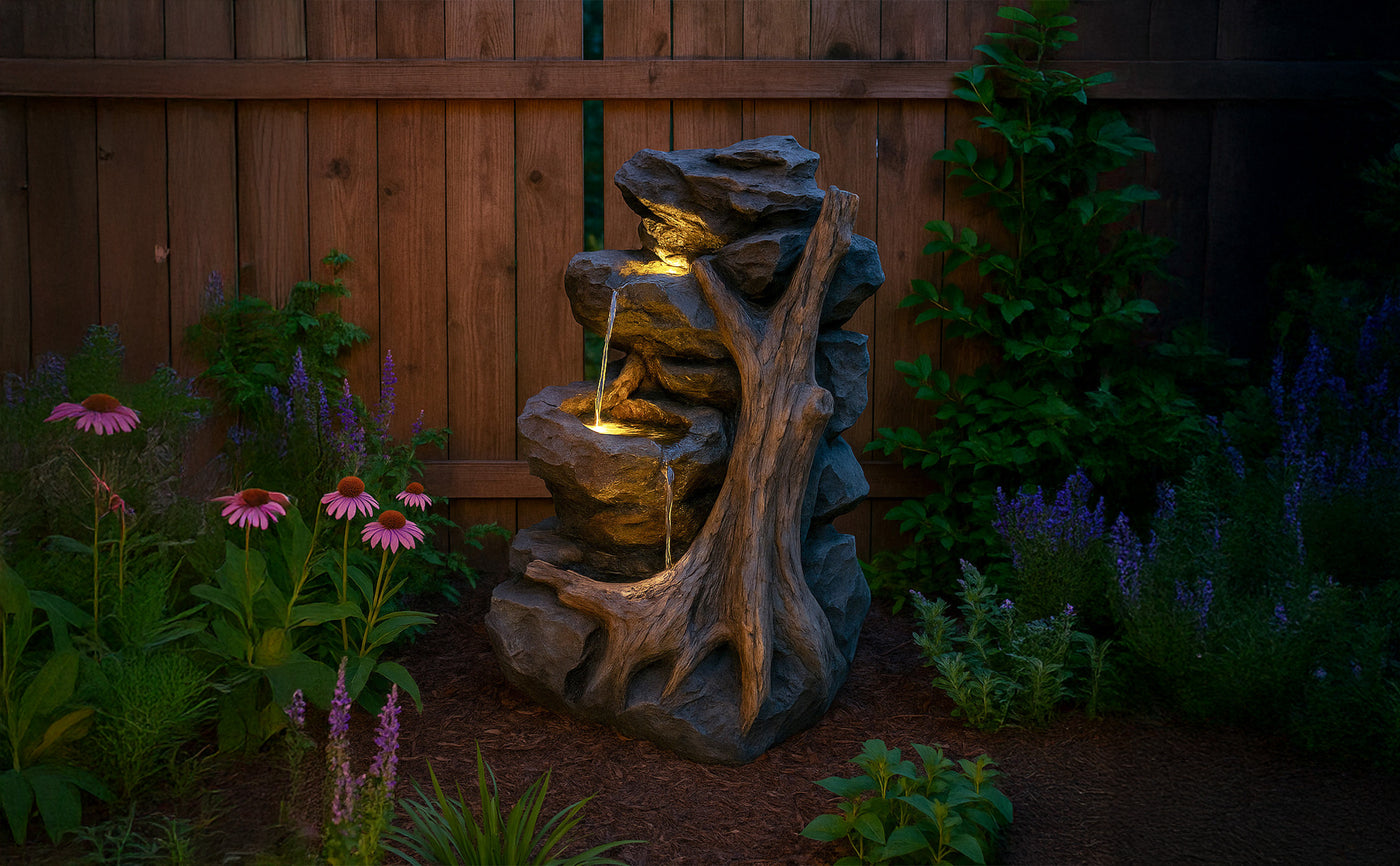 Fontaine en pierre réaliste avec éclairage doux, entourée de fleurs colorées et de feuillage luxuriant, créant une ambiance apaisante
