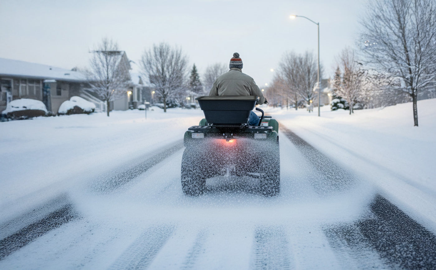 Un homme conduit un véhicule tout-terrain sur une route enneigée, laissant des traces dans la neige fraîche sous un ciel gris