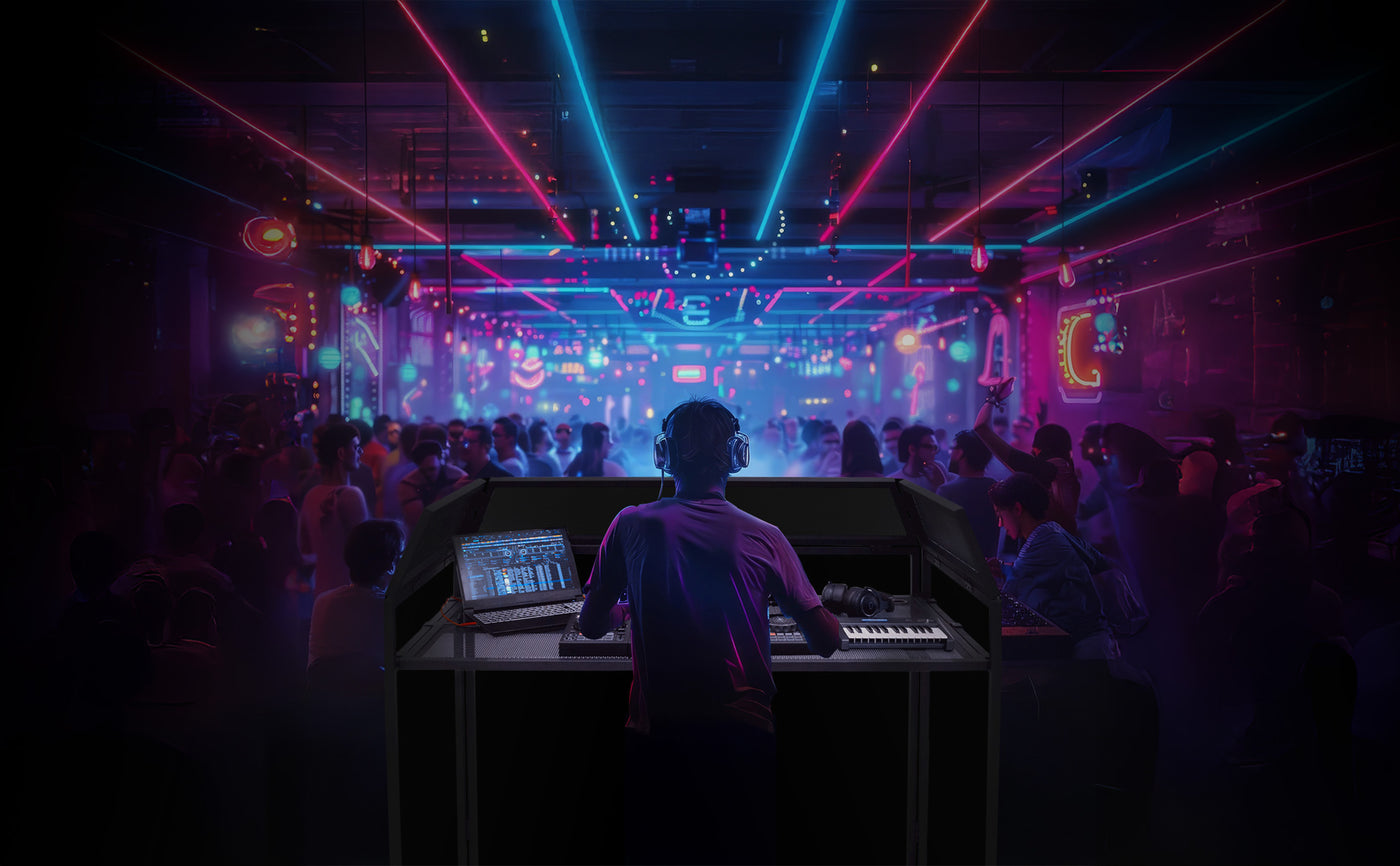 Un DJ mixant sur une table de mixage, entouré de lumières néon colorées et d'une foule dansante dans une ambiance festive nocturne