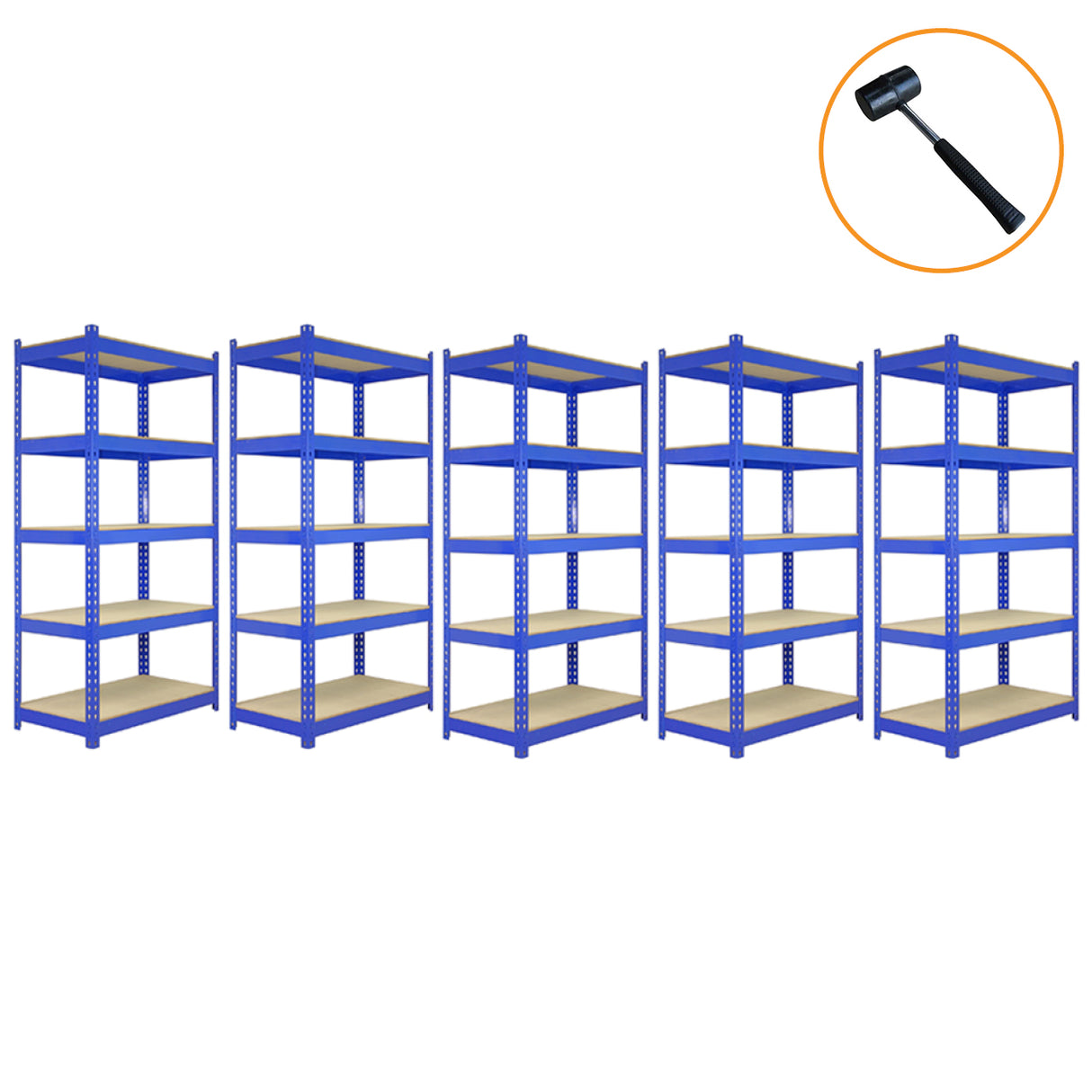 Rayonnages en acier bleu de 120 cm et 90 cm avec étagères en bois, accompagnés d'un maillet, parfaits pour le rangement organisé