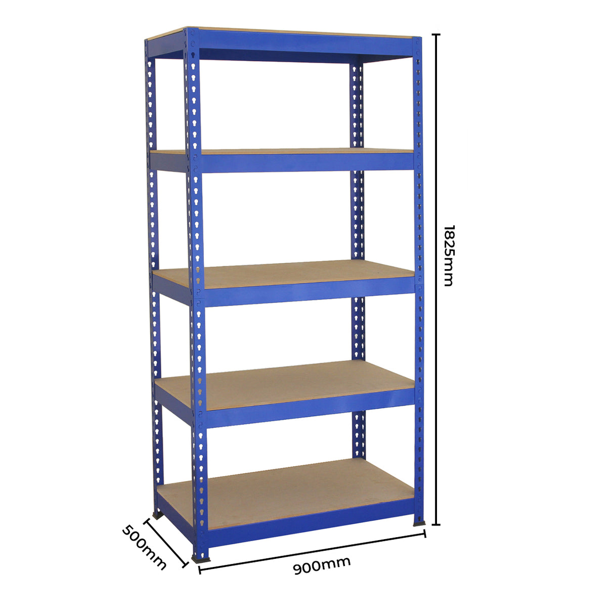 Rayonnage en acier bleu de 120 cm avec cinq étagères en bois, offrant une structure robuste et des dimensions pratiques pour le rangement