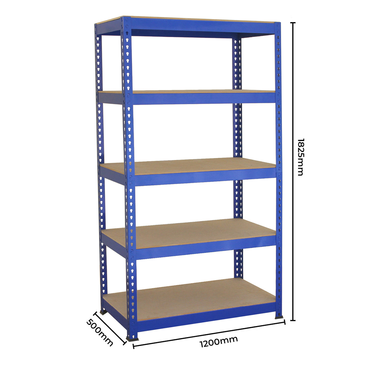 Rayonnage en acier bleu de 120 cm avec cinq étagères en bois, dimensions 1825 mm de hauteur et 500 mm de profondeur, idéal pour le rangement