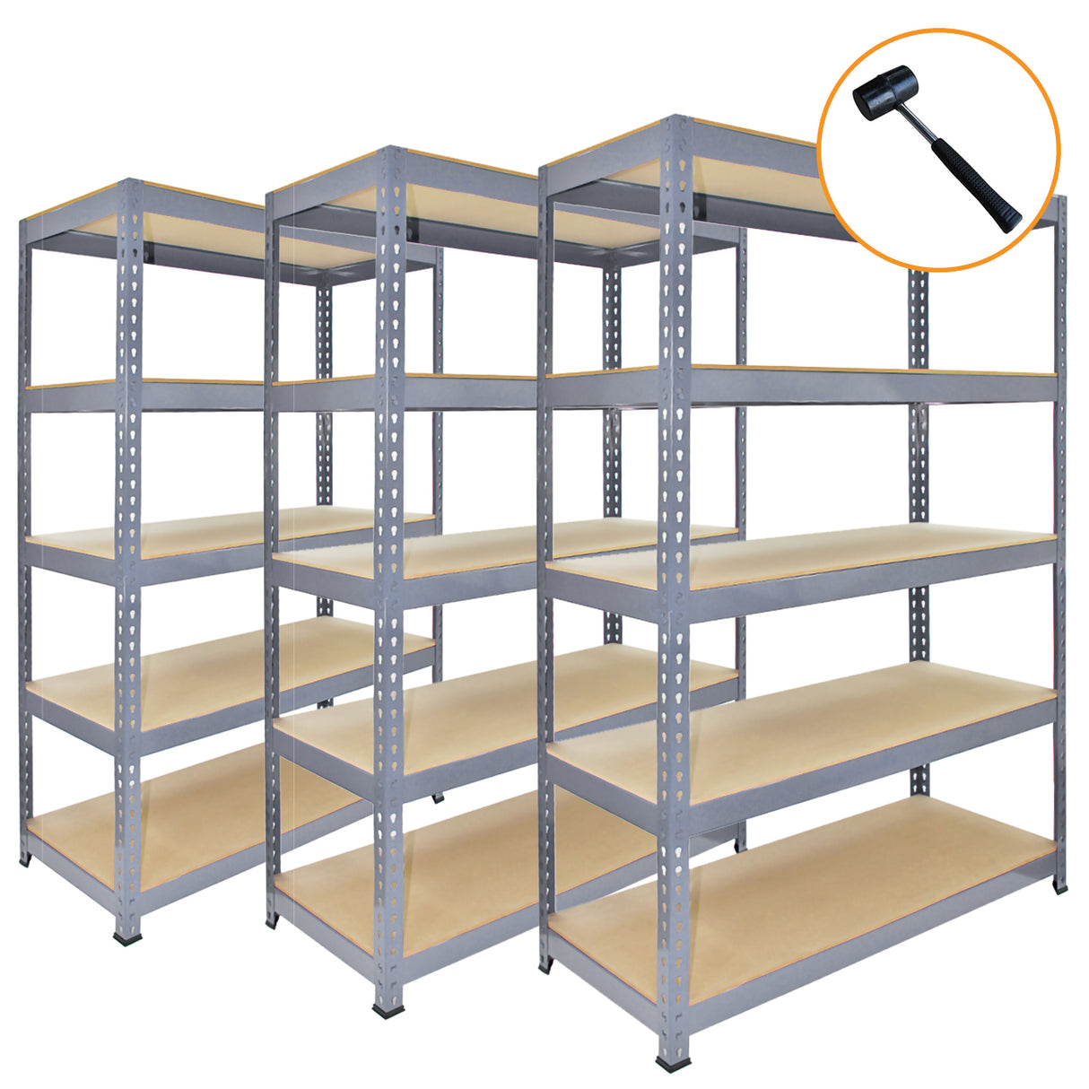 Monster Racking - 3 Rayonnages Q-Rax en Acier Gris 120 x 50 x 182,5 cm & Maillet