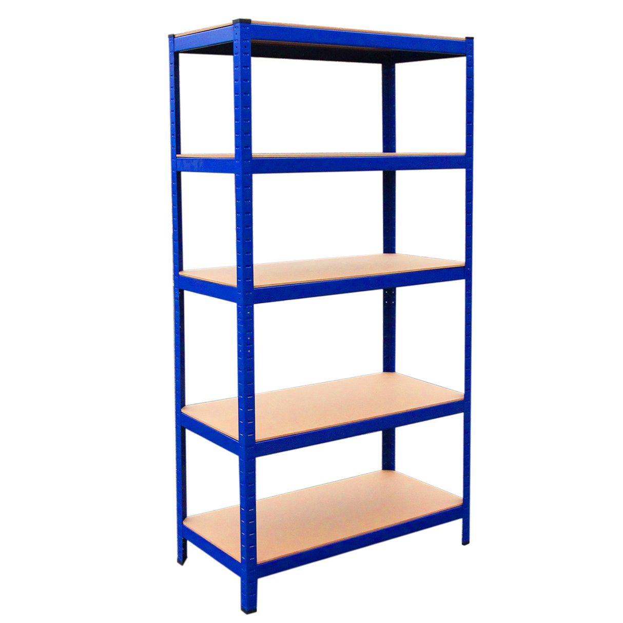 Rayonnage T-Rax en acier bleu, dimensions 90cm x 45cm x 180cm, avec cinq étagères en bois clair, robuste et spacieux