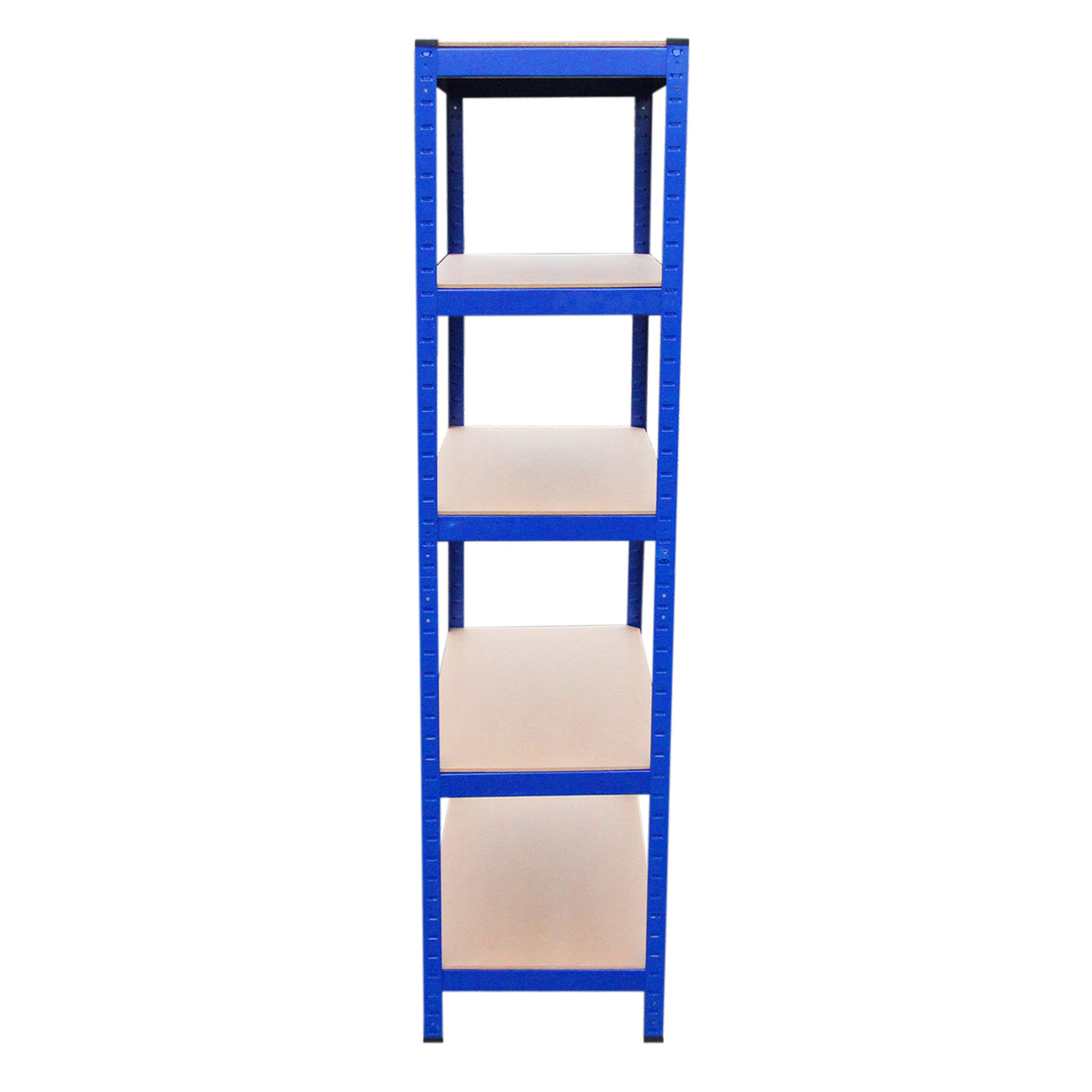 Rayonnage T-Rax en acier bleu, 90cm x 45cm x 180cm, avec quatre étagères en bois clair, offrant robustesse et espace de rangement optimal