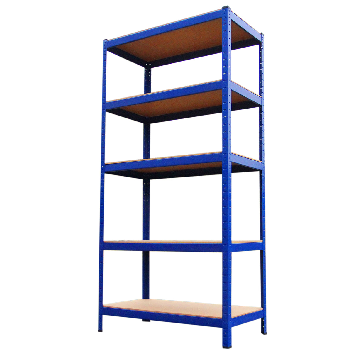 Rayonnage T-Rax en acier bleu, dimensions 90cm x 45cm x 180cm, avec quatre étagères en bois, offrant une structure robuste et pratique