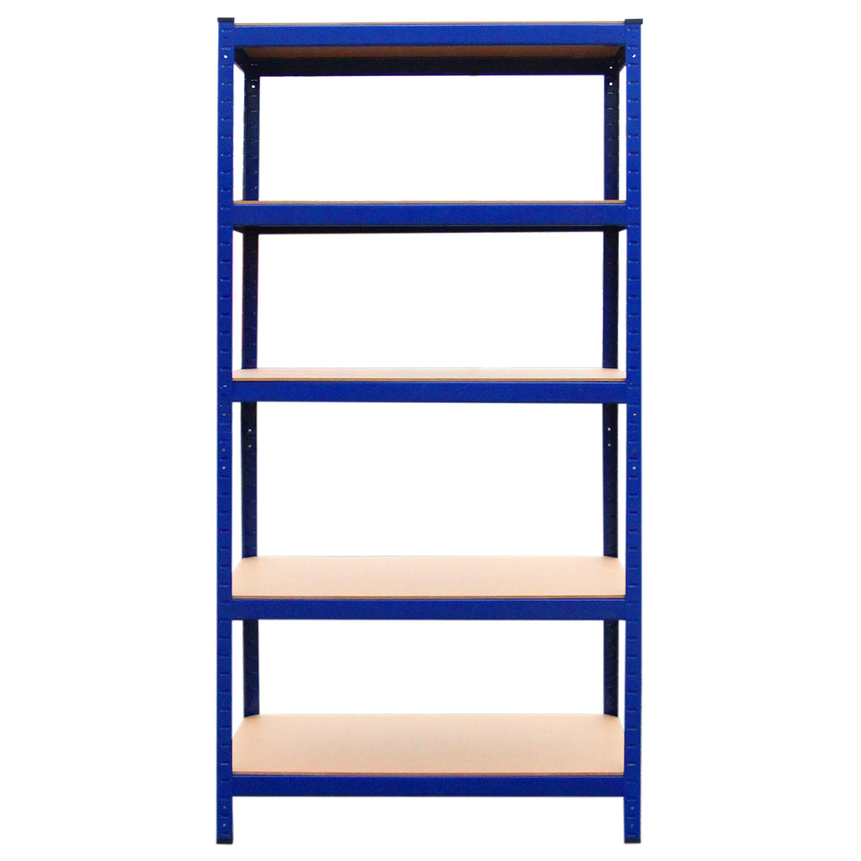 Rayonnage T-Rax en acier bleu avec quatre étagères en bois, dimensions 90cm x 45cm x 180cm, idéal pour le rangement robuste