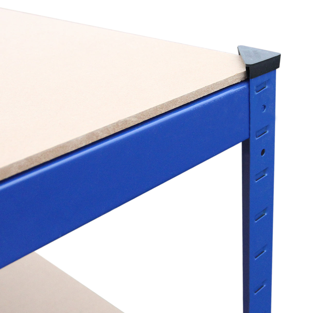 Rayonnage T-Rax en acier bleu, dimensions 90cm x 45cm x 180cm, avec étagères en bois clair et coins en plastique noir