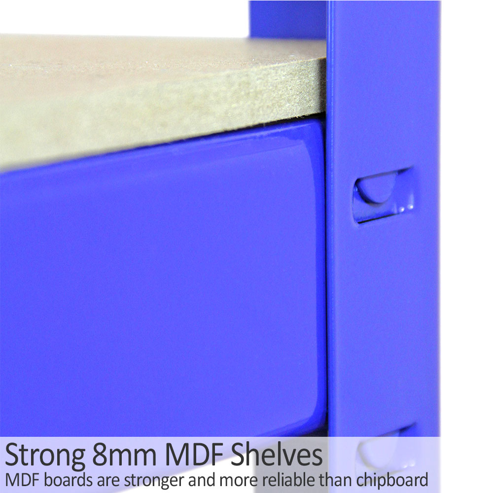 Rayonnage d'angle T-Rax en acier bleu avec étagères en MDF de 8 mm, offrant robustesse et fiabilité pour le stockage