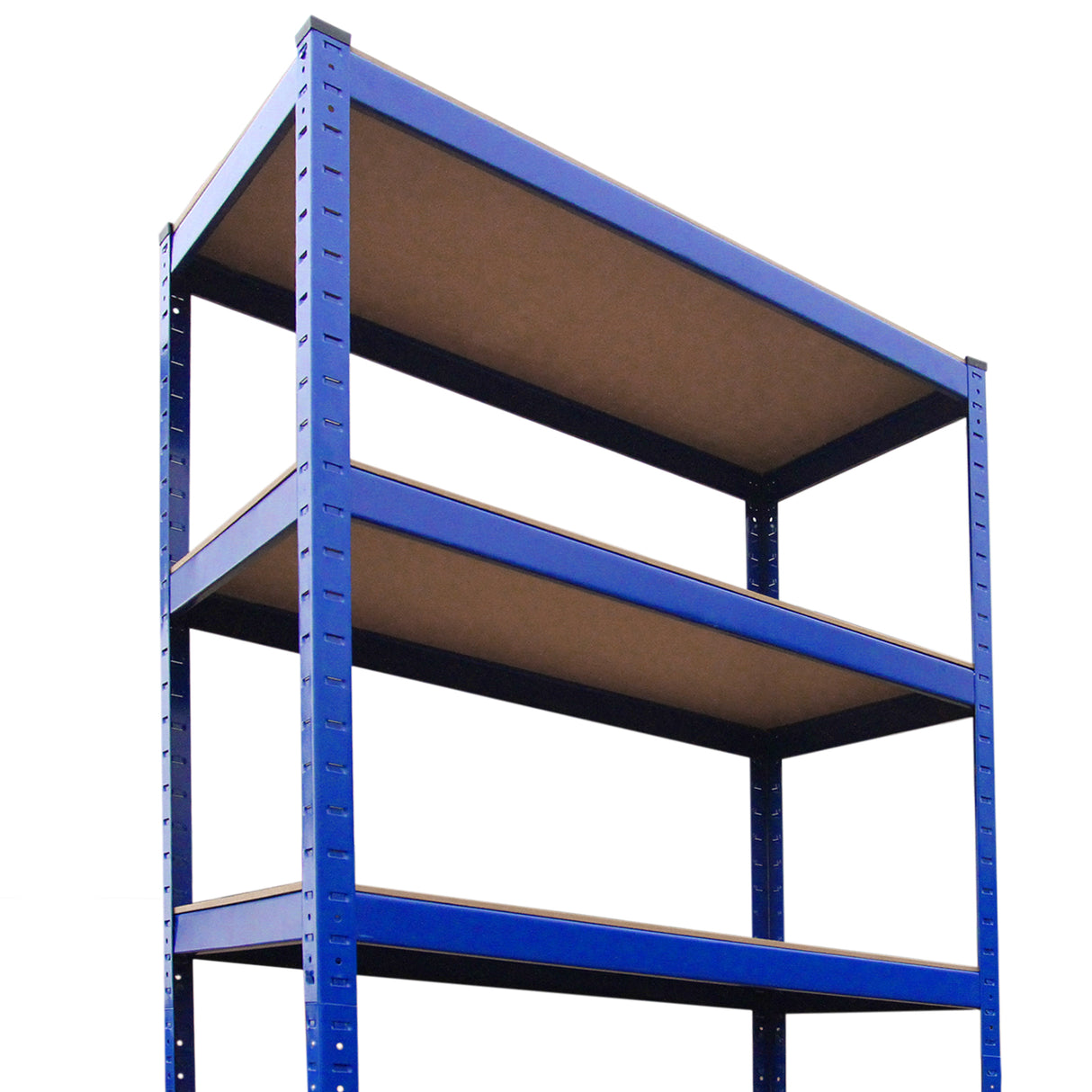Rayonnage T-Rax en acier bleu avec trois étagères en bois, dimensions 90cm x 45cm x 180cm, idéal pour le rangement robuste
