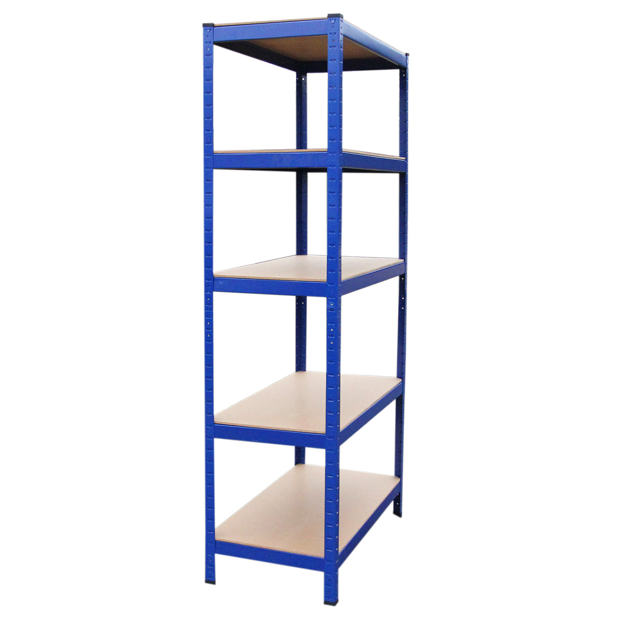 Rayonnage T-Rax en acier bleu, dimensions 90cm x 45cm x 180cm, avec cinq étagères en bois, idéal pour le rangement robuste et organisé