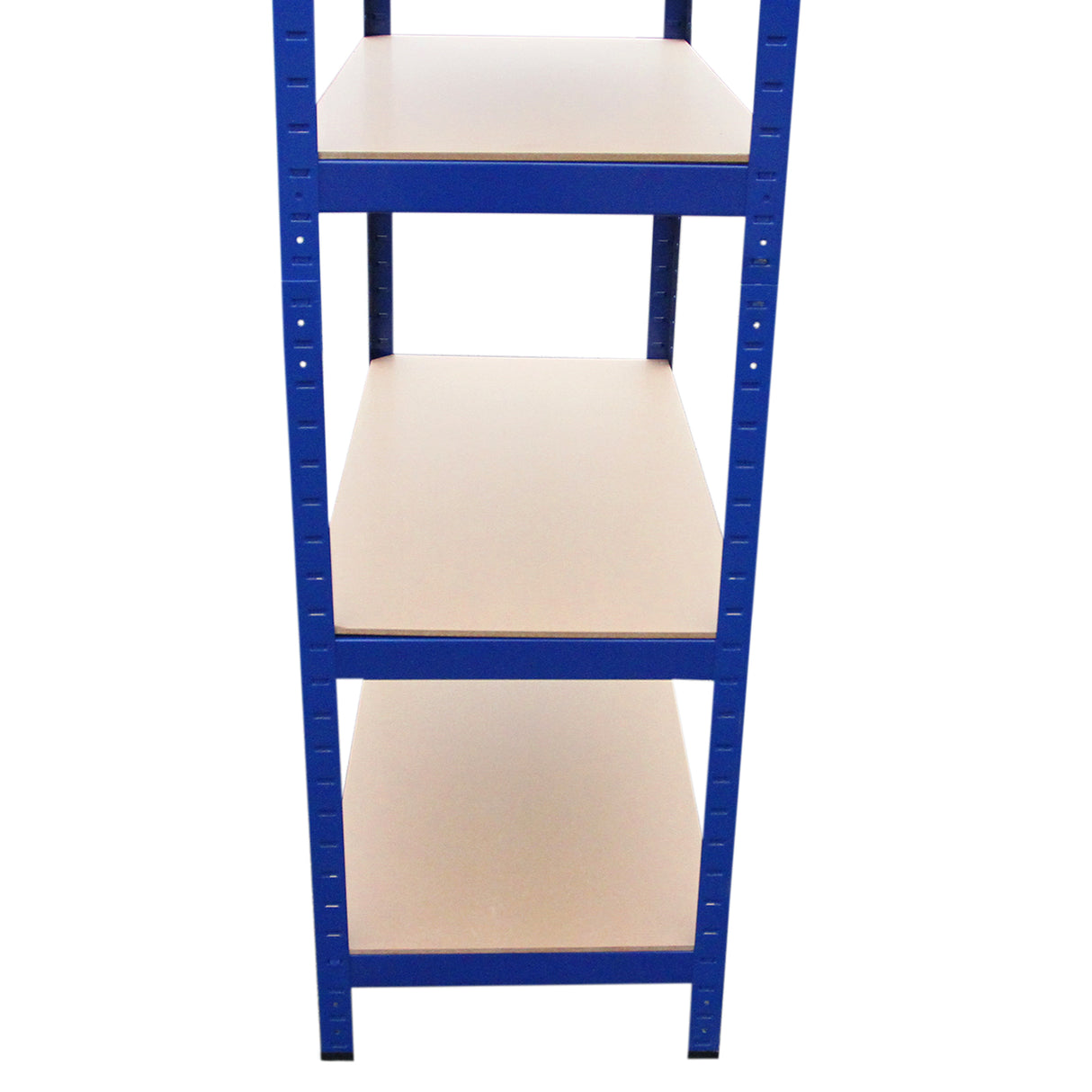 Rayonnage T-Rax en acier bleu, dimensions 90cm x 45cm x 180cm, avec étagères en bois clair, conçu pour un rangement robuste et efficace