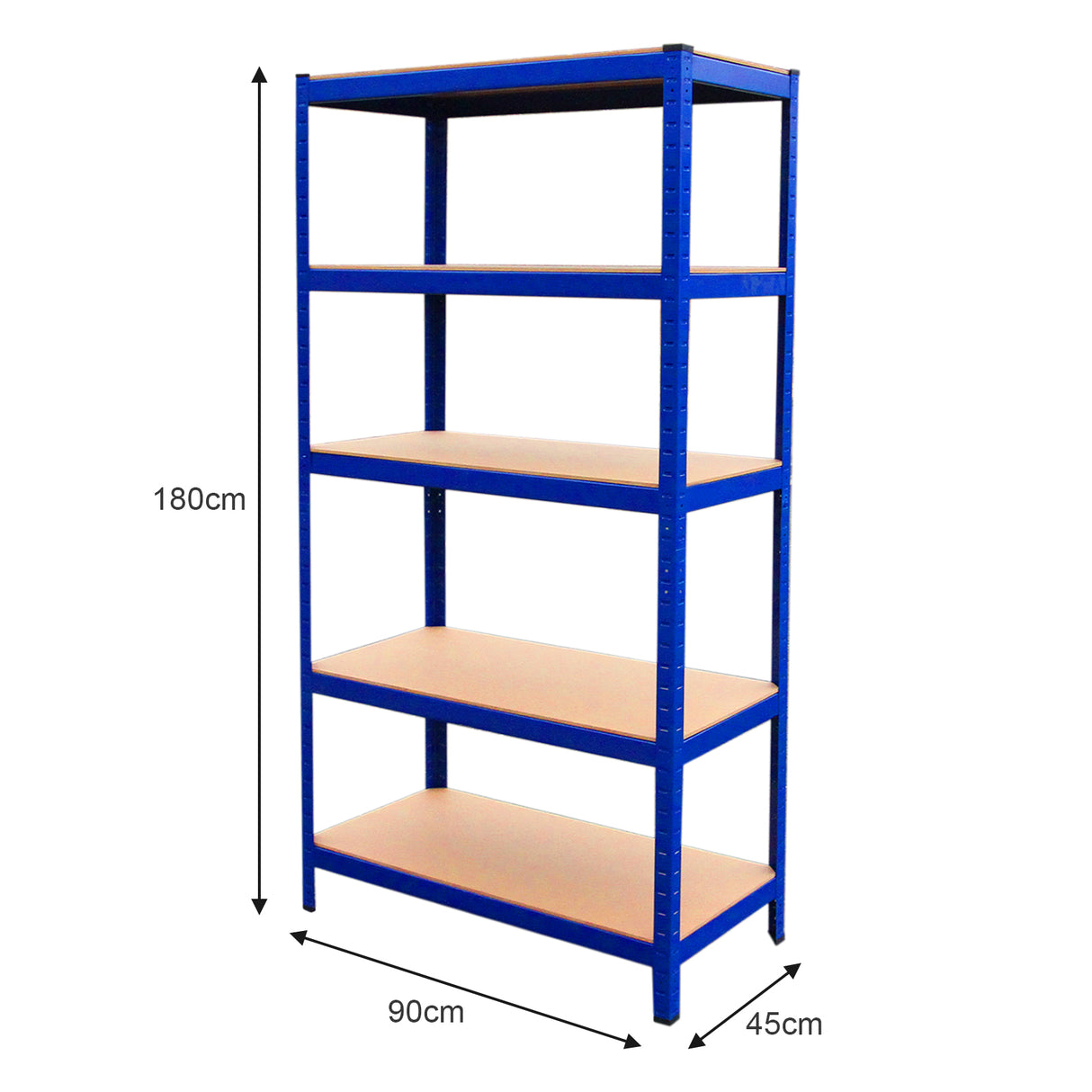 Rayonnage T-Rax en acier bleu, dimensions 90cm x 45cm x 180cm, avec quatre étagères en bois, offrant une surface de rangement robuste et durable