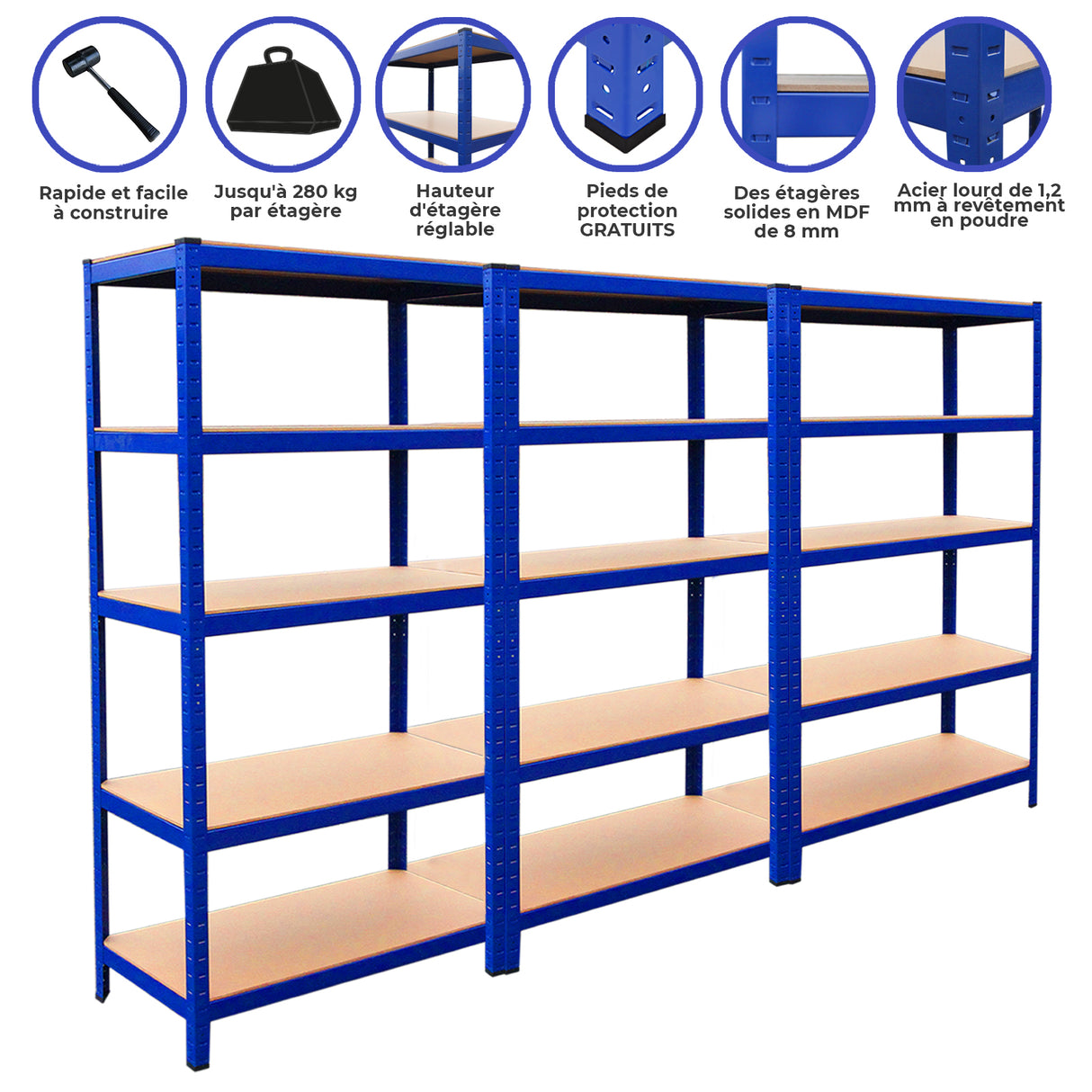 Rayonnages T-Rax en acier bleu, dimensions 90cm x 45cm x 180cm, avec étagères en MDF, capacité de 280 kg par étagère, design robuste et pratique