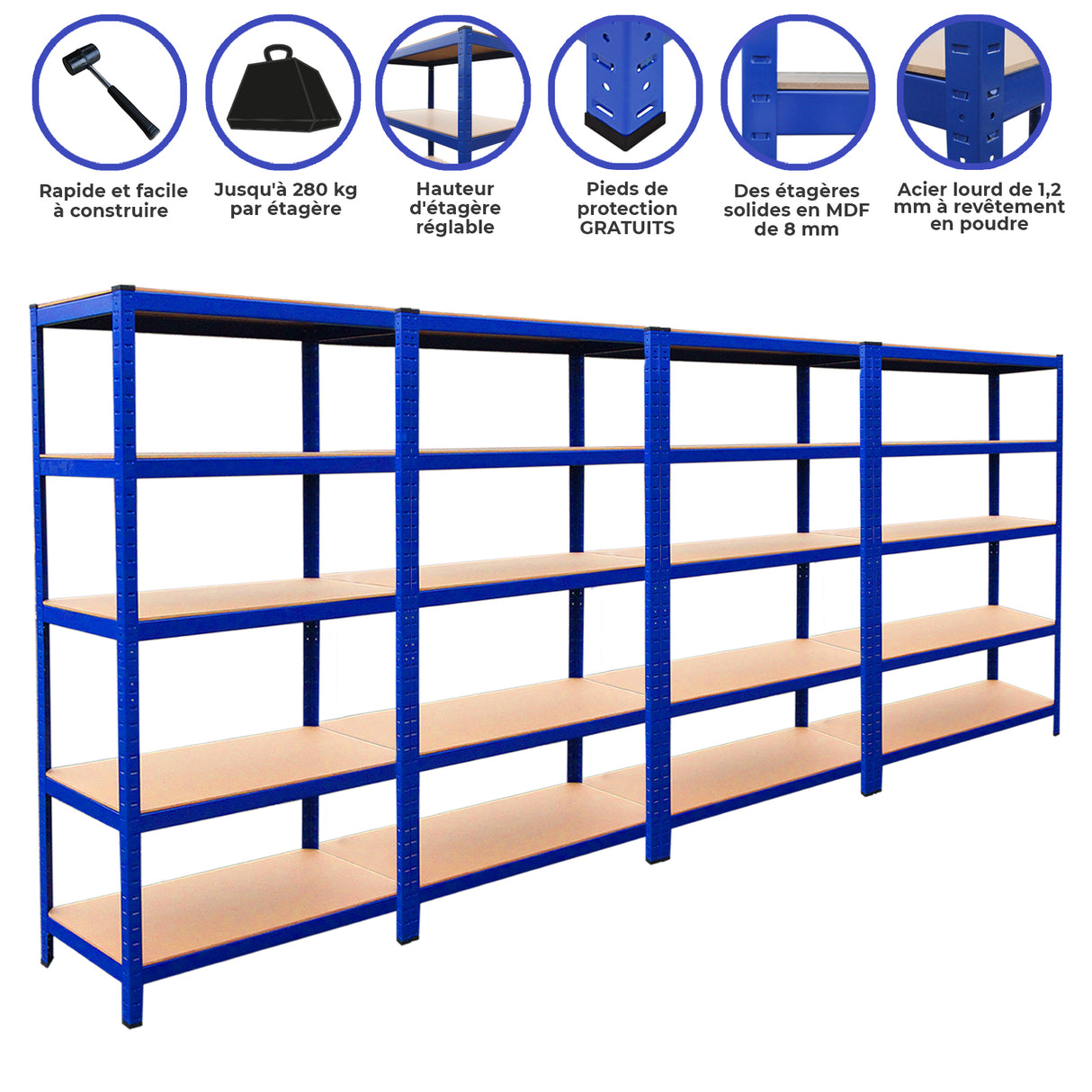 Rayonnages T-Rax en acier bleu, 90cm x 45cm x 180cm, avec étagères en MDF beige, offrant robustesse et espace de rangement optimal