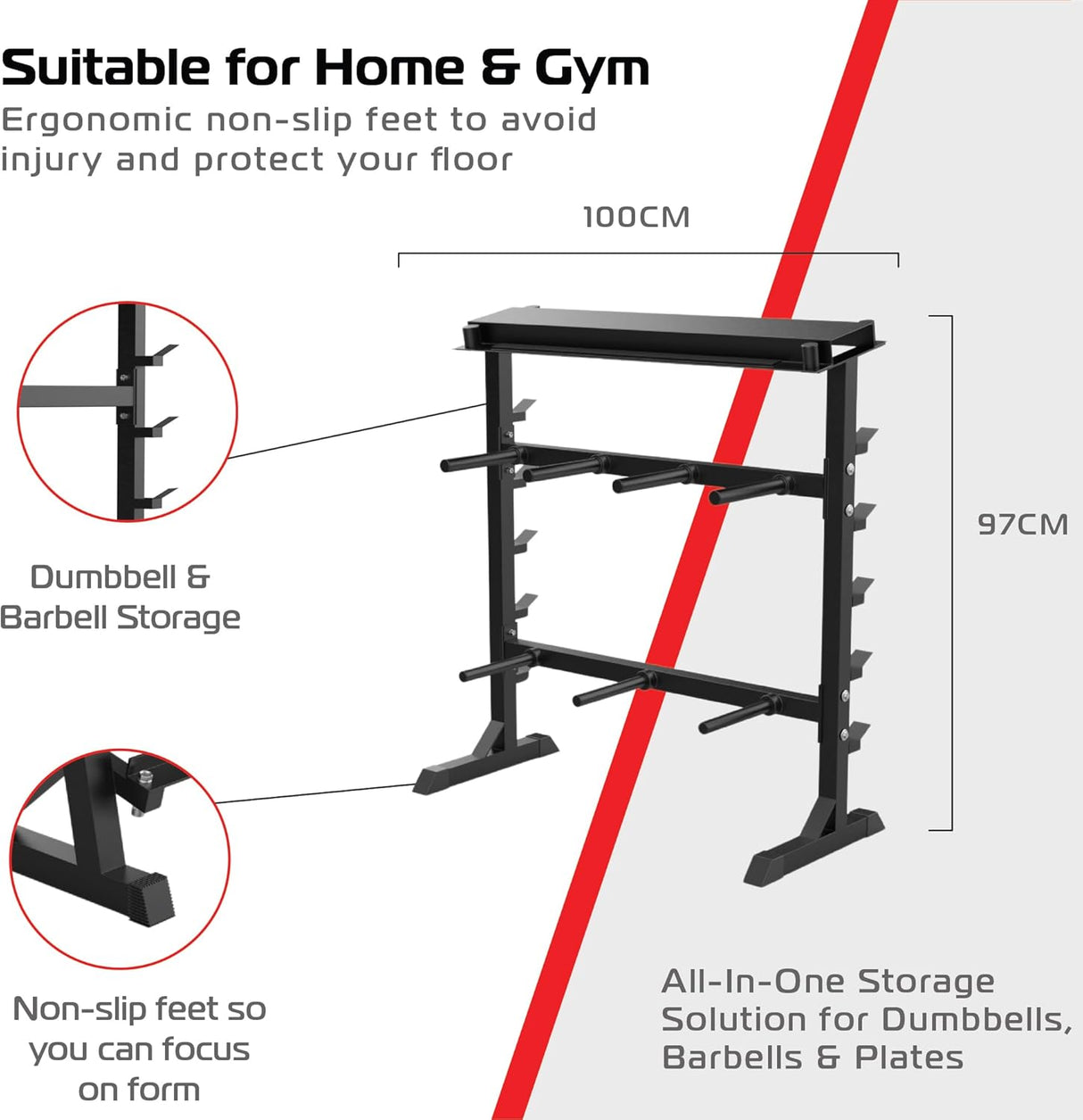 Support d’haltères multi-fonction en métal noir, avec étagères pour poids, pieds antidérapants et design ergonomique pour un rangement optimal