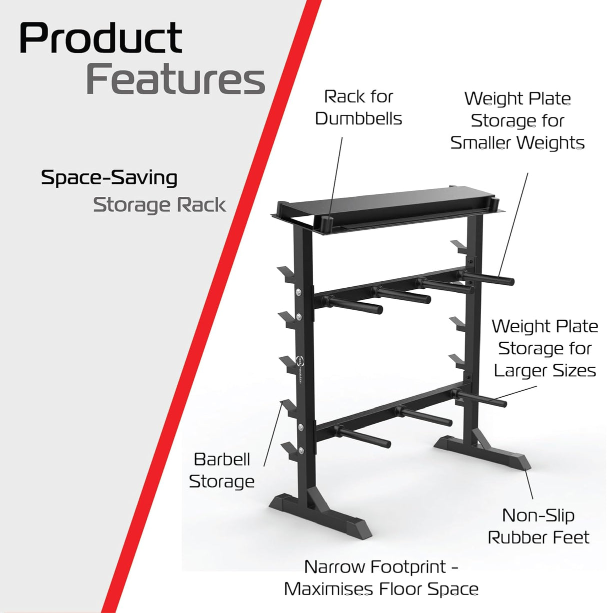 Support d’haltères multi-fonction en métal noir, avec étagères pour poids, pieds antidérapants et design compact pour un rangement efficace