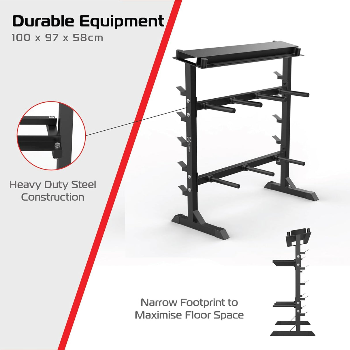 Support d’haltères multi-fonction en acier noir, avec étagères robustes et design compact pour optimiser l'espace au sol