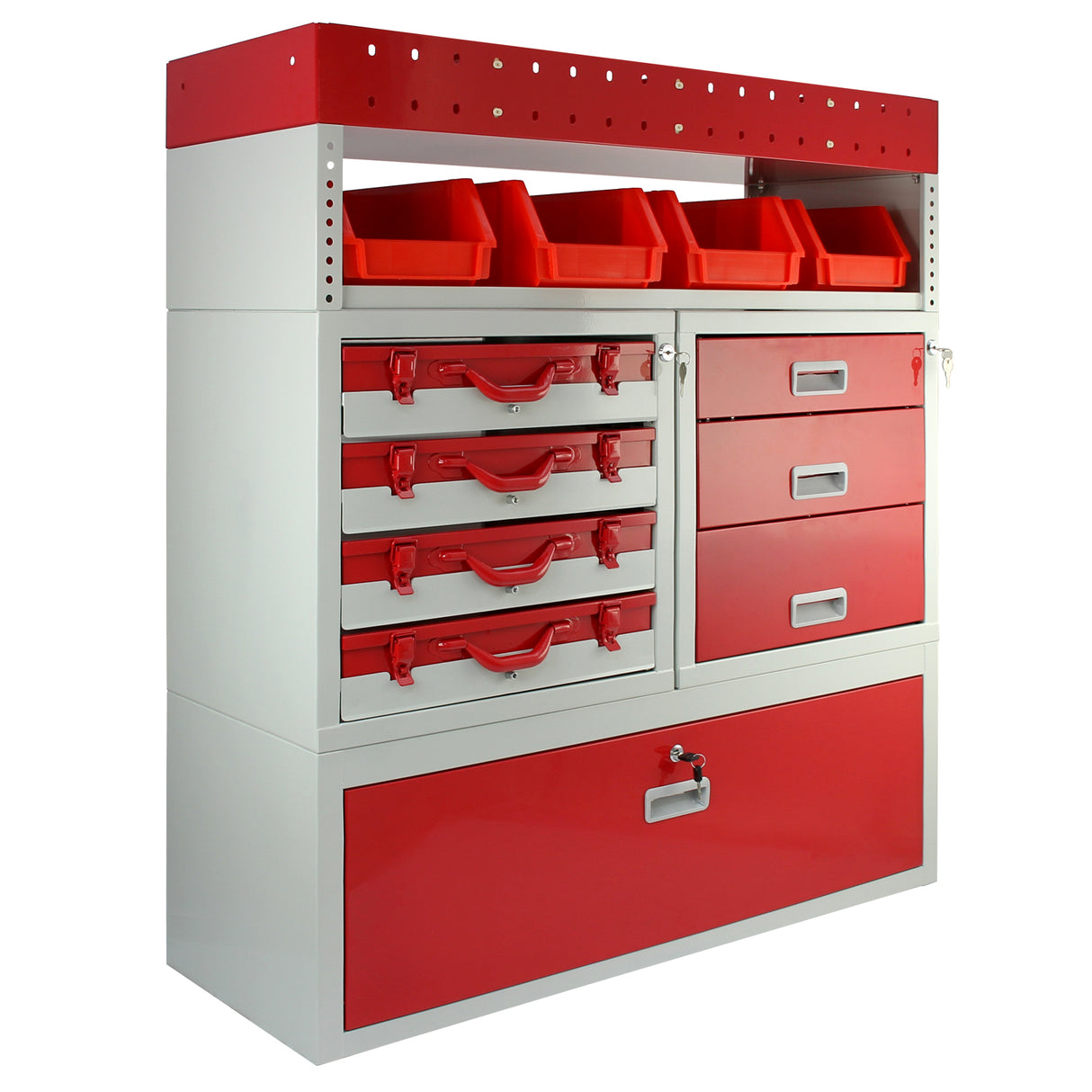 Casier utilitaire en acier rouge et gris avec tiroirs, étagères et bacs de rangement, idéal pour organiser un van ou un garage