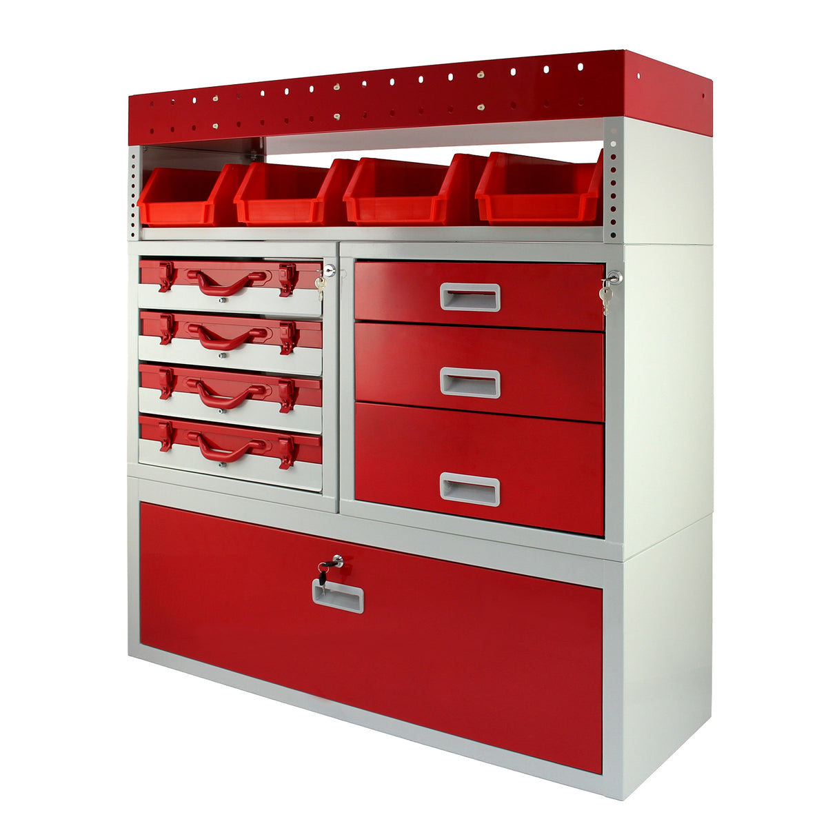Casier utilitaire en acier rouge et gris avec tiroirs, bacs de rangement et étagère, idéal pour l'organisation dans un van