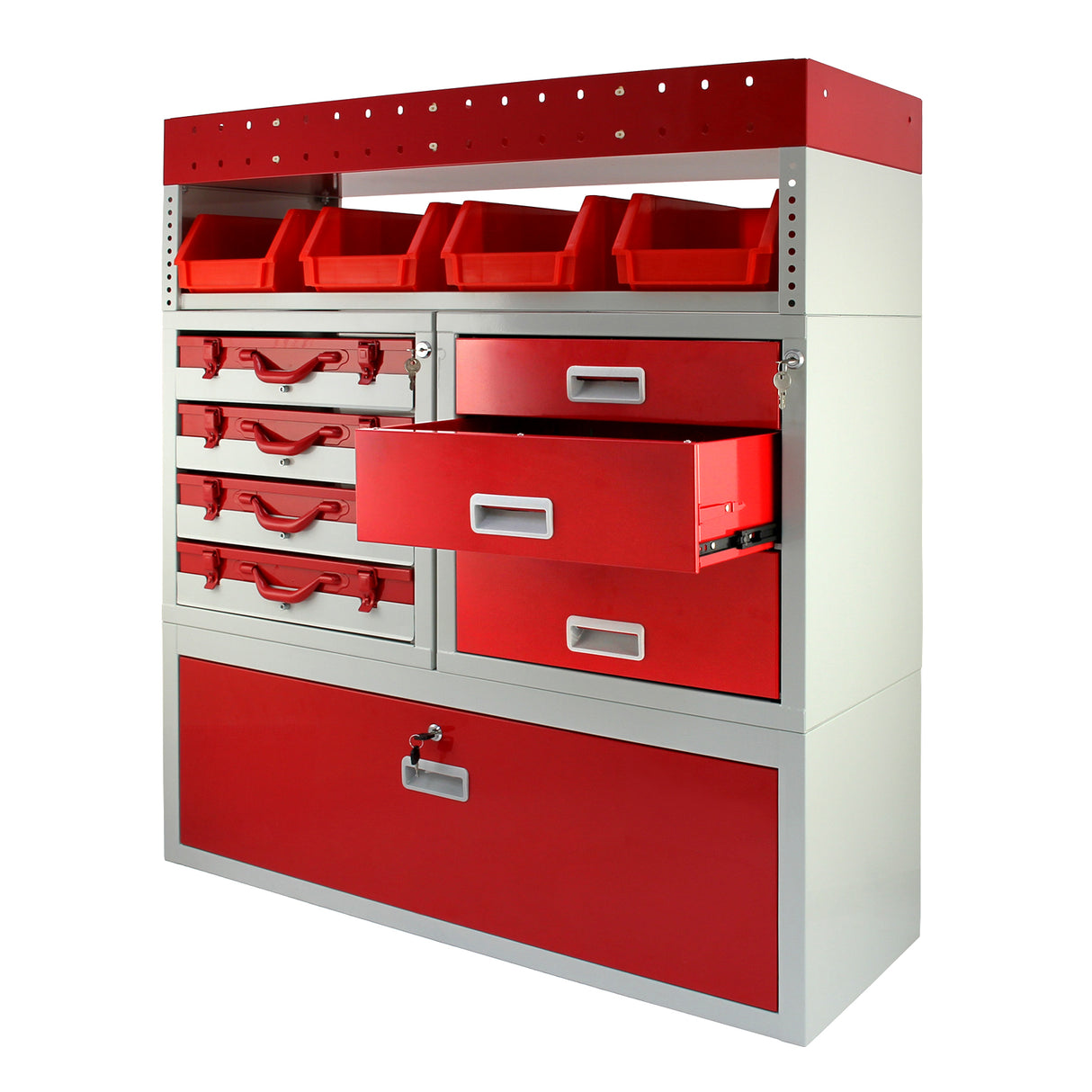 Casier utilitaire en acier rouge et gris avec tiroirs et bacs de rangement, idéal pour organiser un van ou un espace de travail