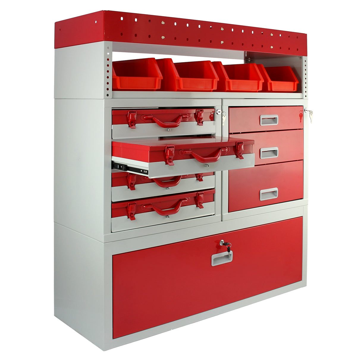 Casier utilitaire en acier rouge et gris avec tiroirs, bacs de rangement et surface lisse, idéal pour l'organisation dans un van