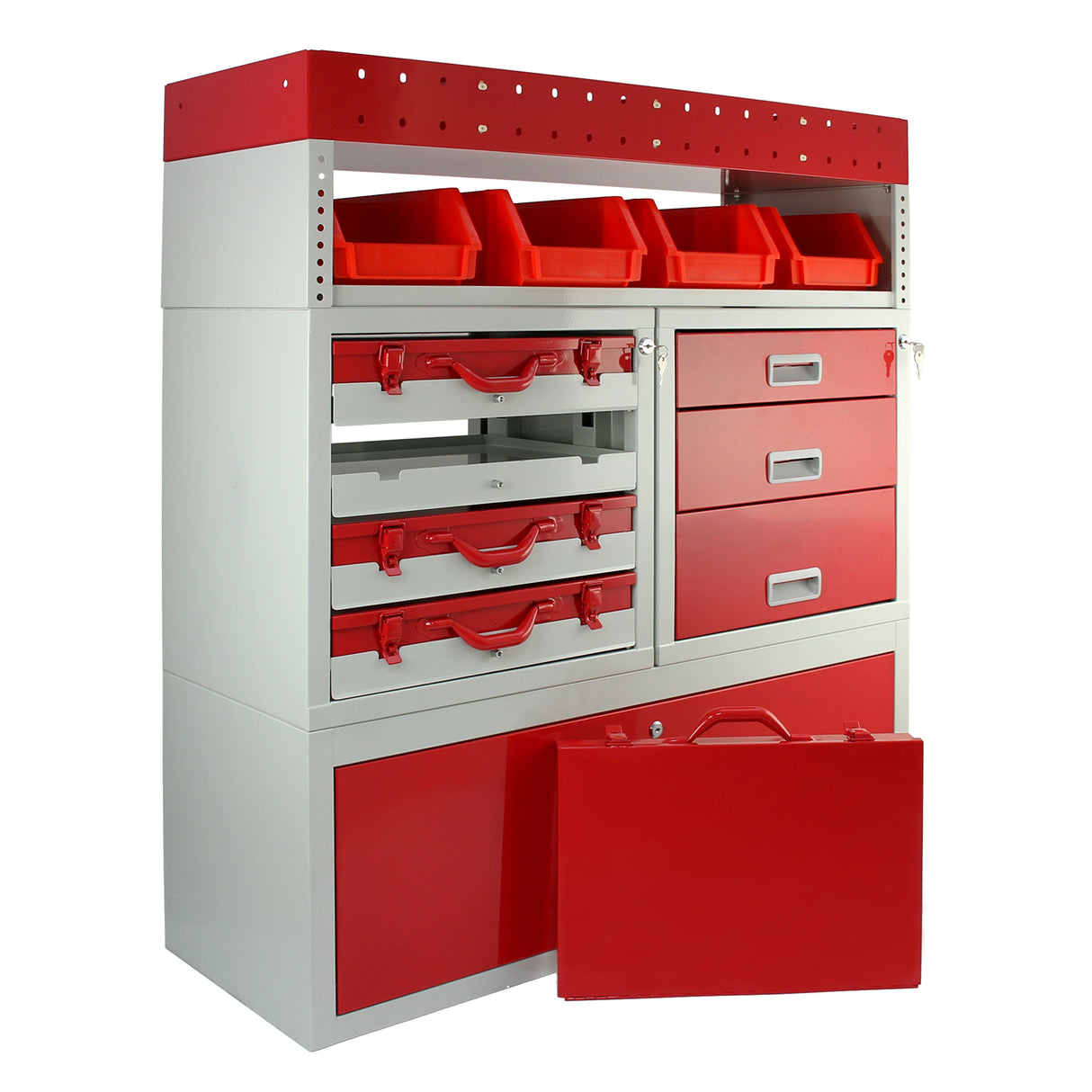 Casier utilitaire en acier rouge et gris avec tiroirs, bacs de rangement et surface de travail, idéal pour l'organisation dans un van