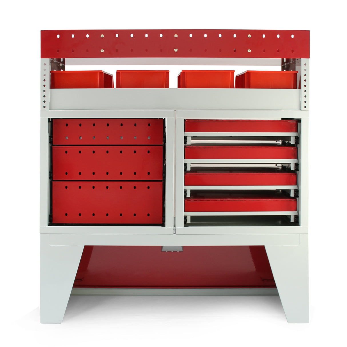 Casier utilitaire en acier rouge et gris avec tiroirs et compartiments, idéal pour le rangement dans un van, design robuste et fonctionnel