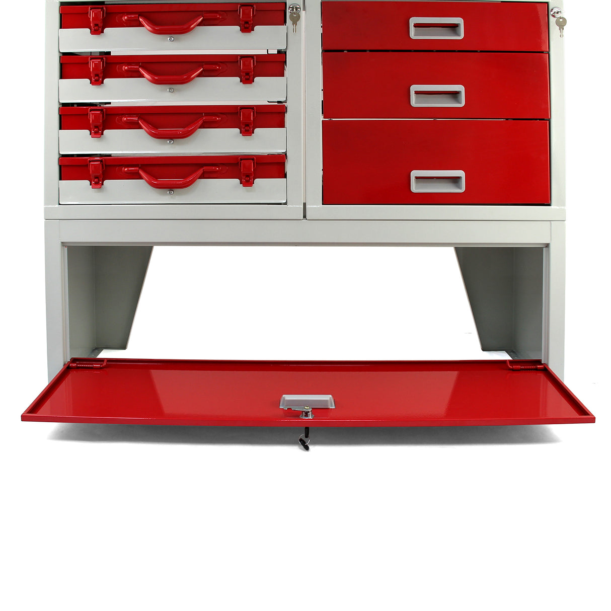 Casier utilitaire en acier rouge et gris avec tiroirs, surface lisse et finition brillante, idéal pour le rangement dans un van
