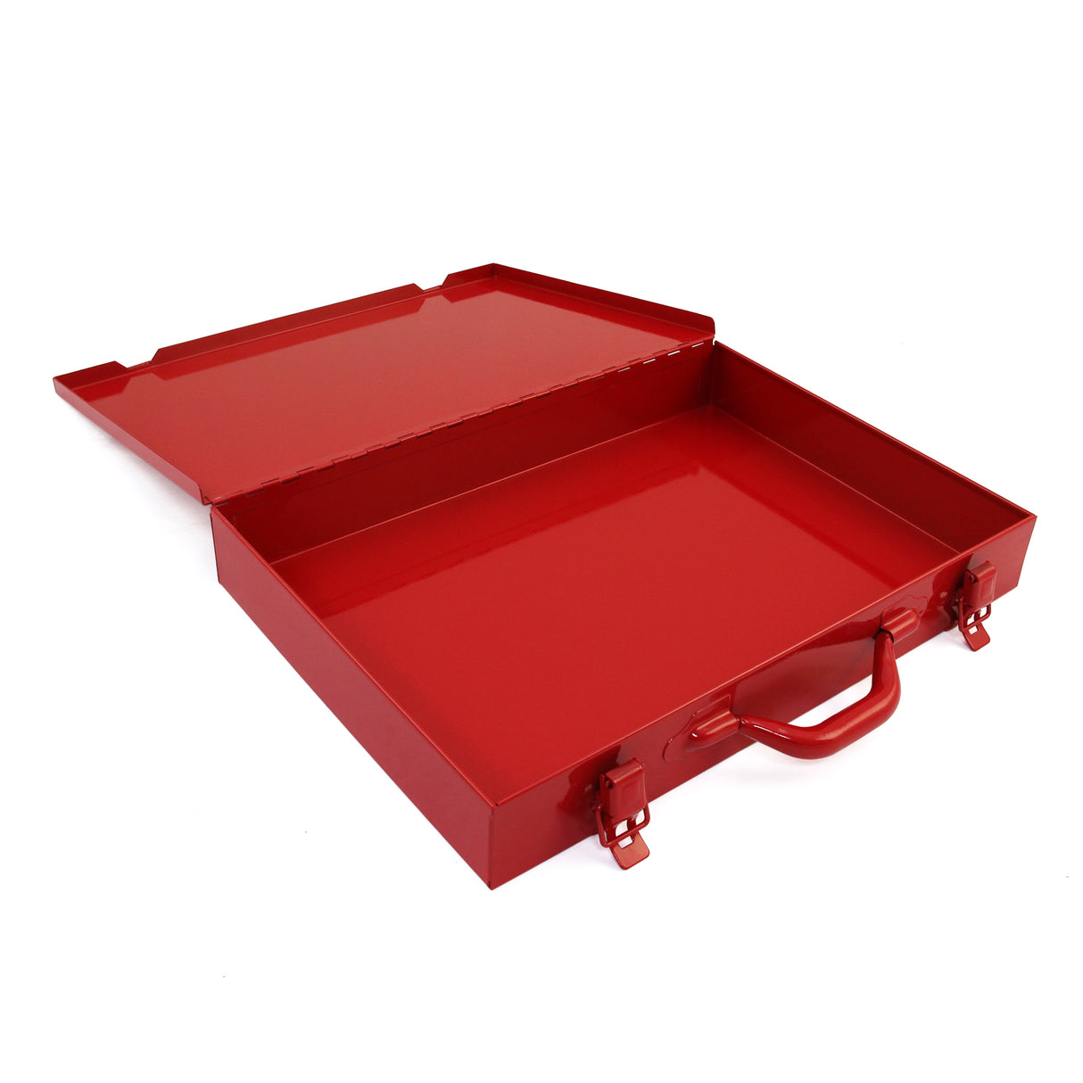 Casier utilitaire en acier rouge vif avec finition lisse, poignées robustes et intérieur spacieux, idéal pour le rangement dans un van