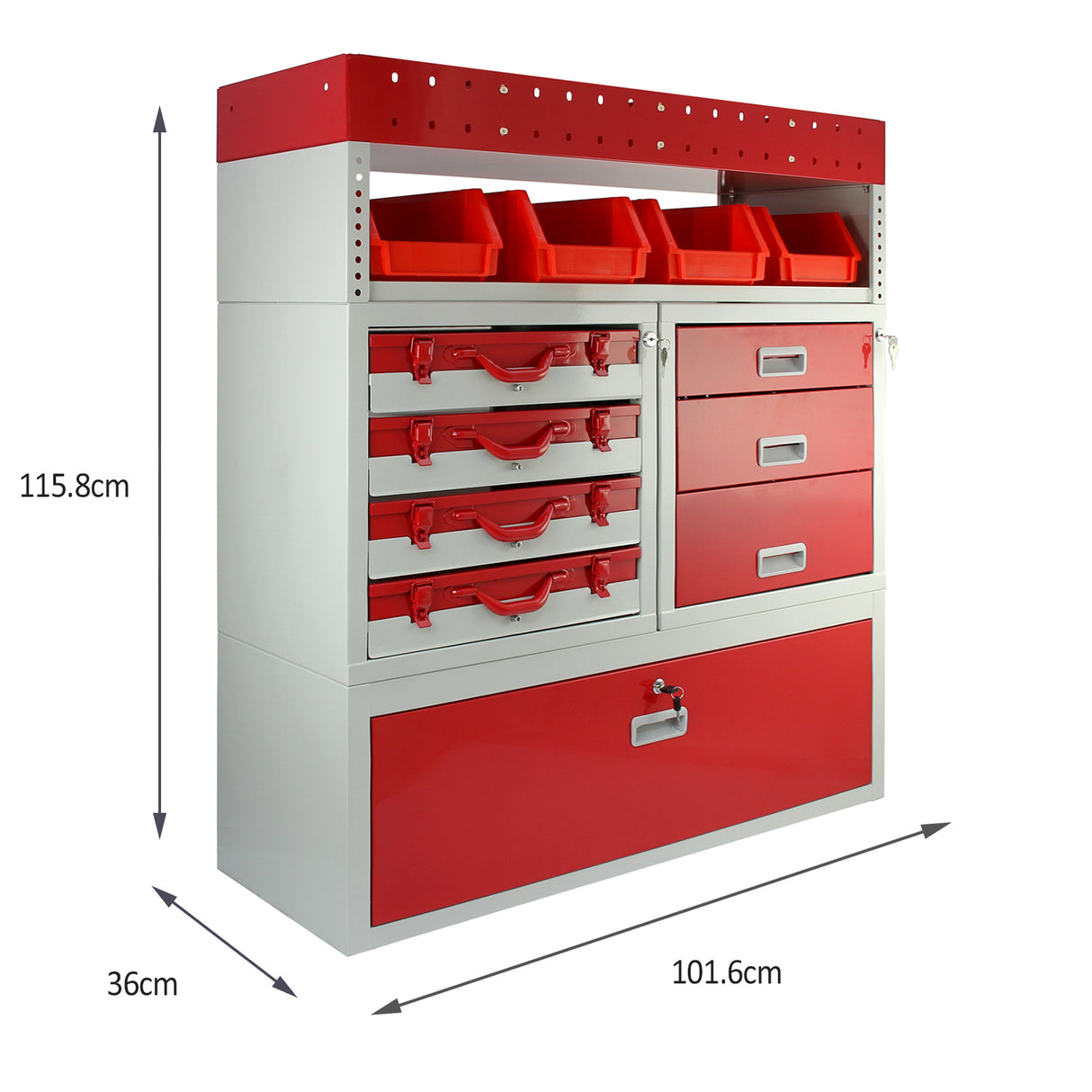 Casier utilitaire en acier rouge et gris avec tiroirs, compartiments et étagères, idéal pour le rangement dans un van
