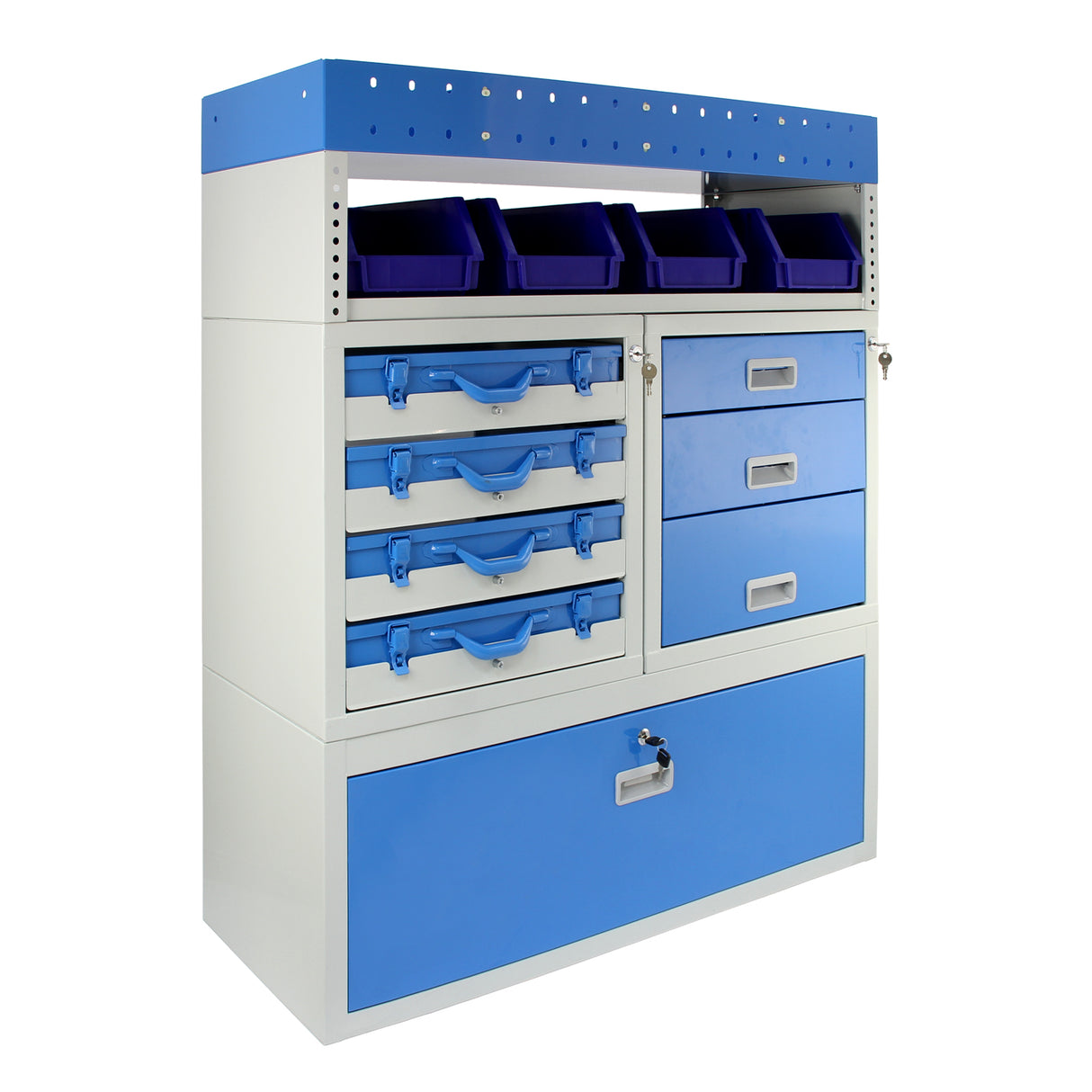 Casier utilitaire en acier bleu et gris avec tiroirs, étagères et bacs de rangement, idéal pour l'organisation dans un van