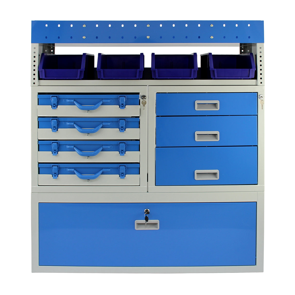Casier utilitaire en acier bleu et gris avec tiroirs, étagères et bacs de rangement violets, idéal pour l'organisation dans un van