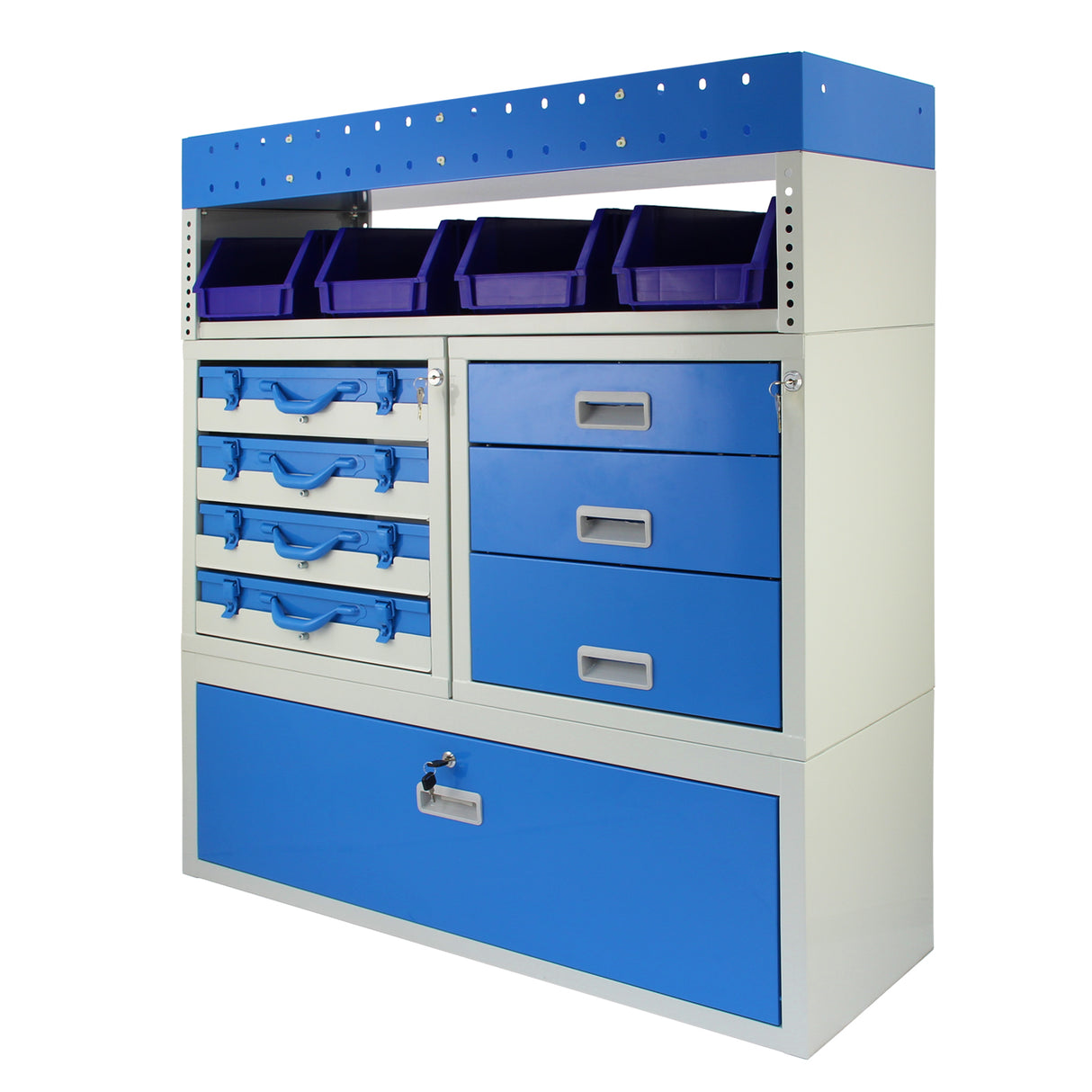 Casier utilitaire en acier bleu et gris avec tiroirs, bacs de rangement violets et surface lisse, idéal pour l'organisation dans un van