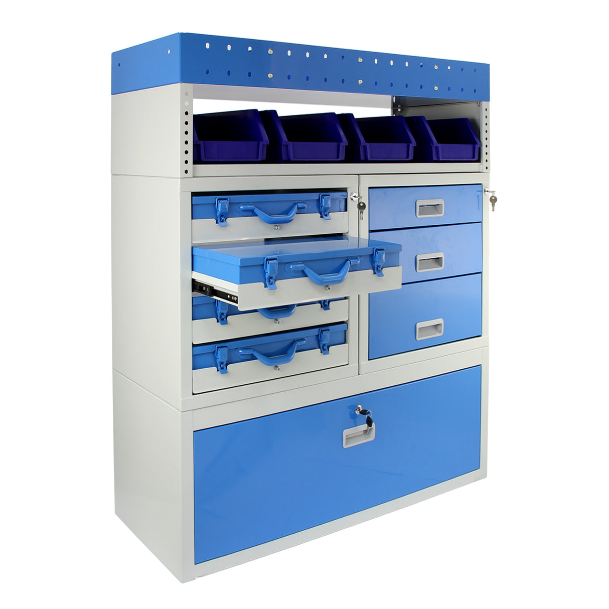 Casier utilitaire en acier bleu et gris avec tiroirs, étagères et bacs de rangement, idéal pour l'organisation dans un van