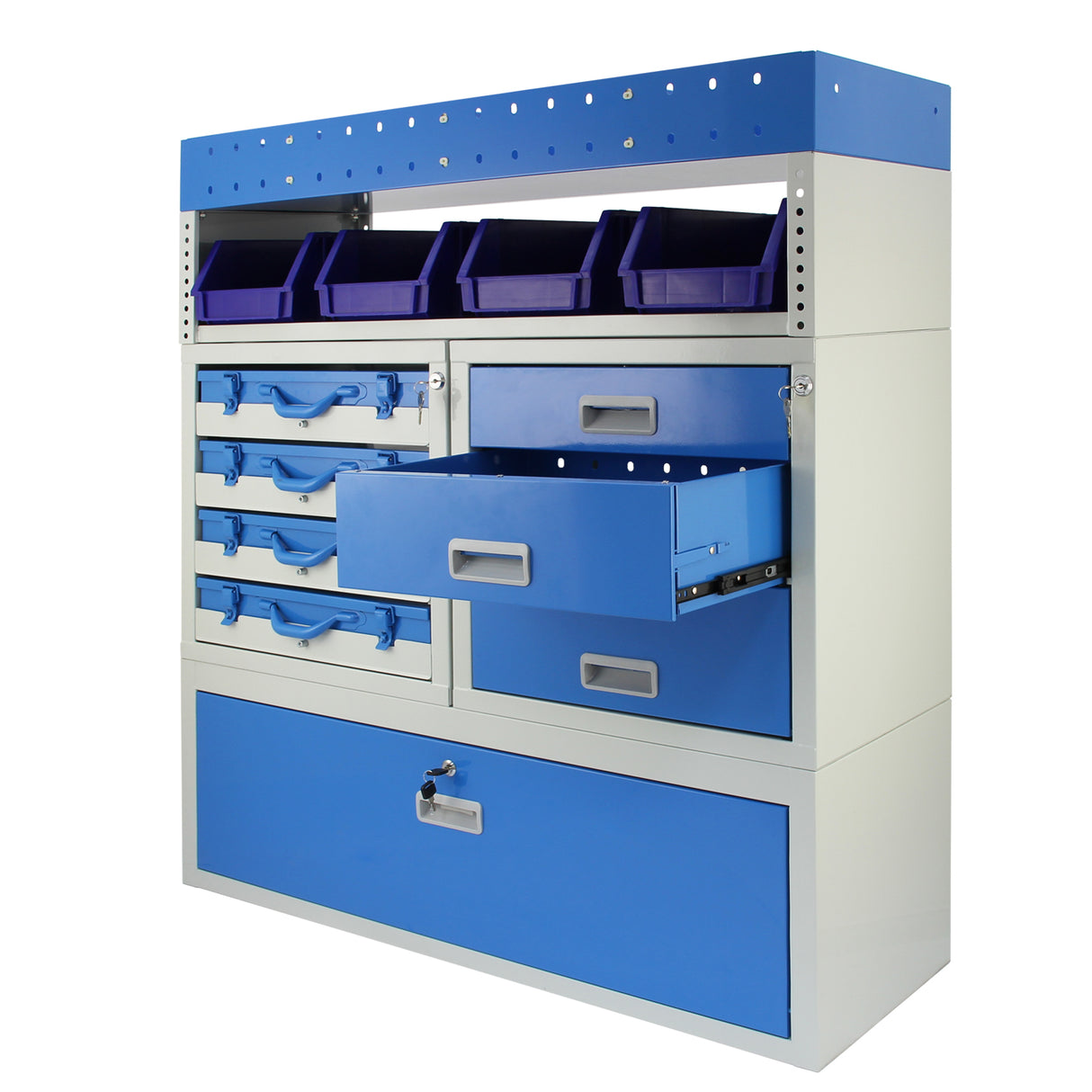 Casier utilitaire en acier bleu et gris avec tiroirs et bacs de rangement, offrant une finition lisse et moderne pour un van organisé