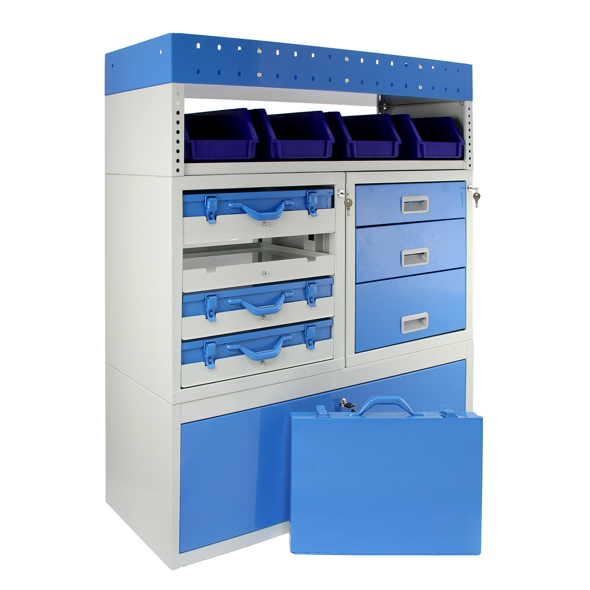 Casier utilitaire en acier bleu et gris avec tiroirs, bacs de rangement violets et surface lisse, idéal pour un van