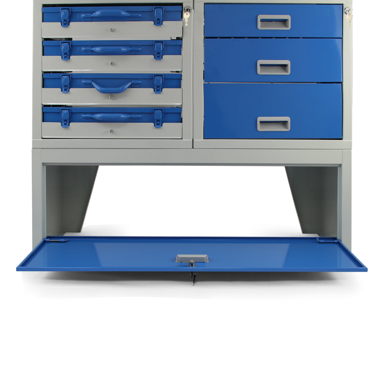 Casier utilitaire en acier bleu et gris avec tiroirs, offrant un design robuste et fonctionnel pour le rangement dans un van