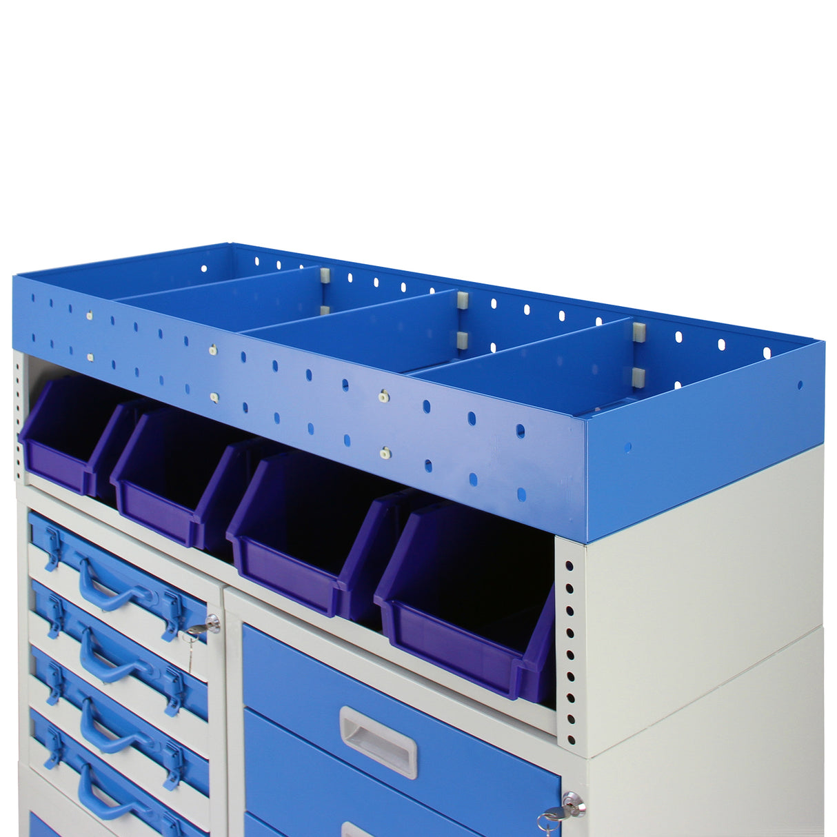 Casier utilitaire en acier bleu et gris avec tiroirs et bacs de rangement violets, surface lisse et design fonctionnel pour van