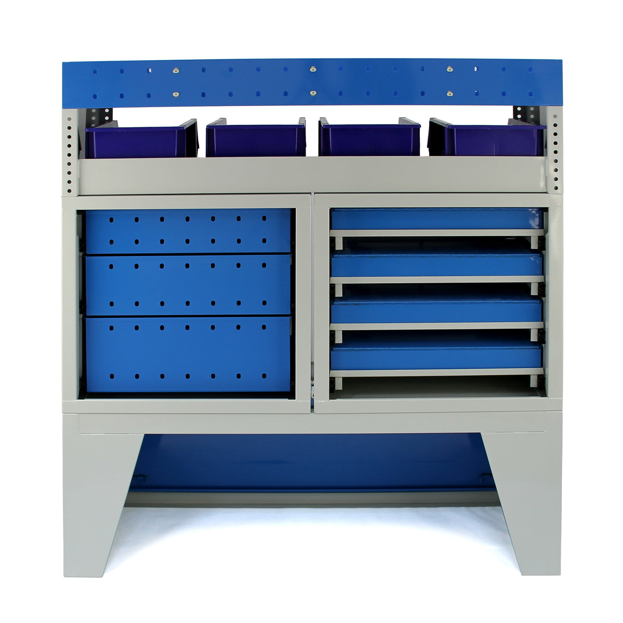 Casier utilitaire en acier bleu et gris, avec tiroirs et compartiments, idéal pour organiser un van ou un espace de travail
