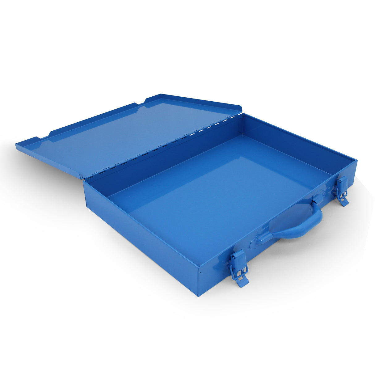Casier utilitaire en acier bleu vif avec une finition lisse, poignée ergonomique et couvercle rabattable pour un rangement pratique