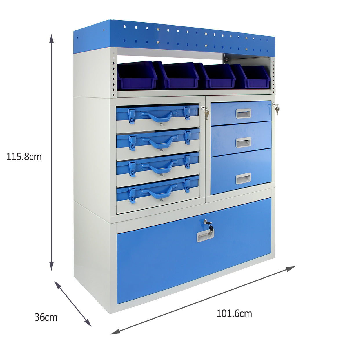 Casier utilitaire en acier bleu et gris avec tiroirs, étagères et bacs de rangement, idéal pour l'organisation dans un van