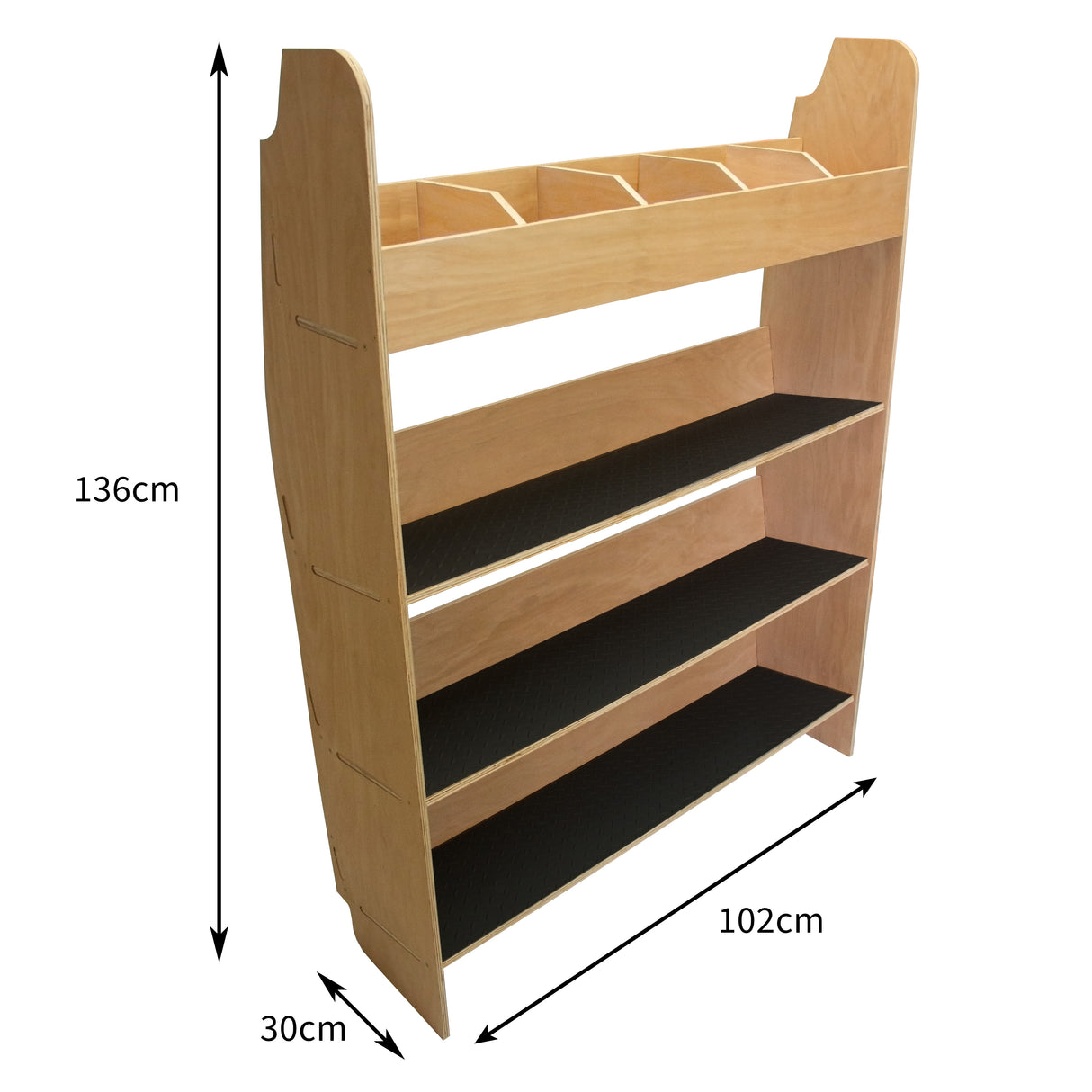 Étagère en contreplaqué pour Ford Transit, couleur bois clair, avec trois étagères noires et séparateurs pour un rangement efficace