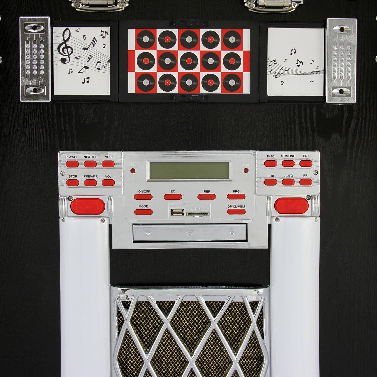 Juke-box rétro noir avec boutons rouges, écran LCD, lecteur CD, Bluetooth et décor musical, finition brillante et grille métallique argentée