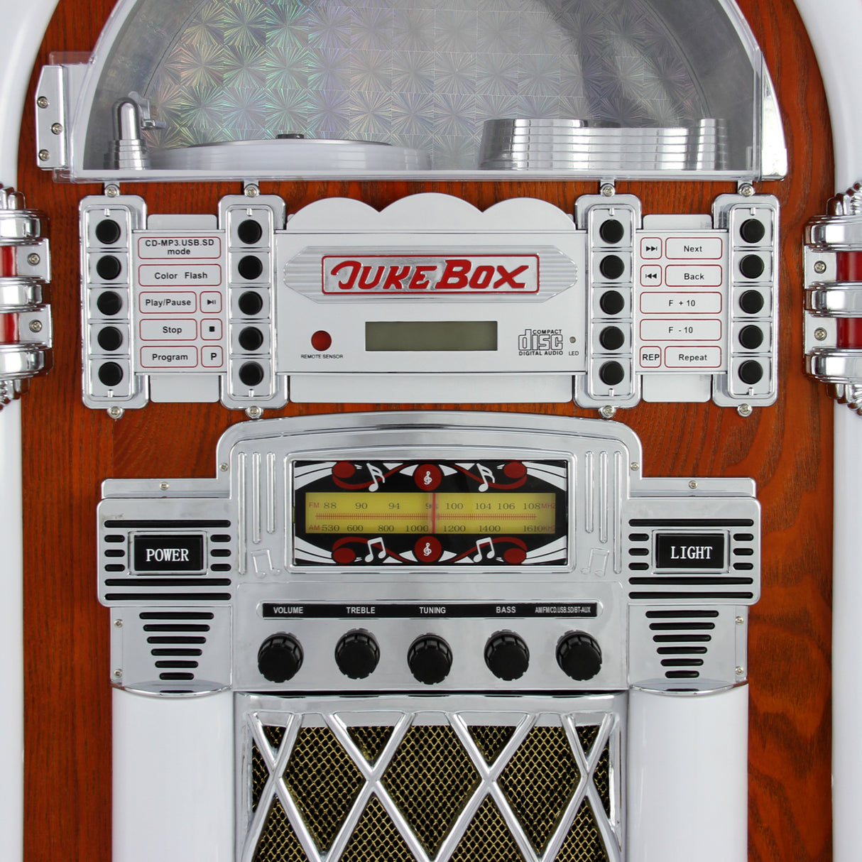Juke-box rétro en bois avec boutons argentés, écran LCD, haut-parleurs et grille en métal, design vintage et coloré
