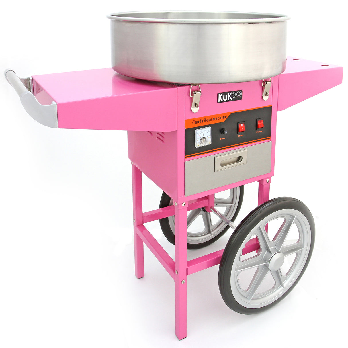 Machine à barbe à papa rose vif avec cuve en acier inoxydable, chariot sur roues, boutons de contrôle et design rétro élégant