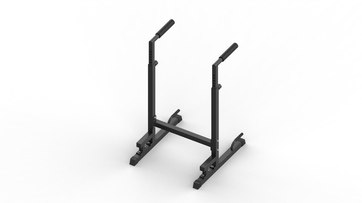 Parallettes Dip Bars XL en métal noir, avec poignées en caoutchouc, conçues pour des exercices de force et de stabilité
