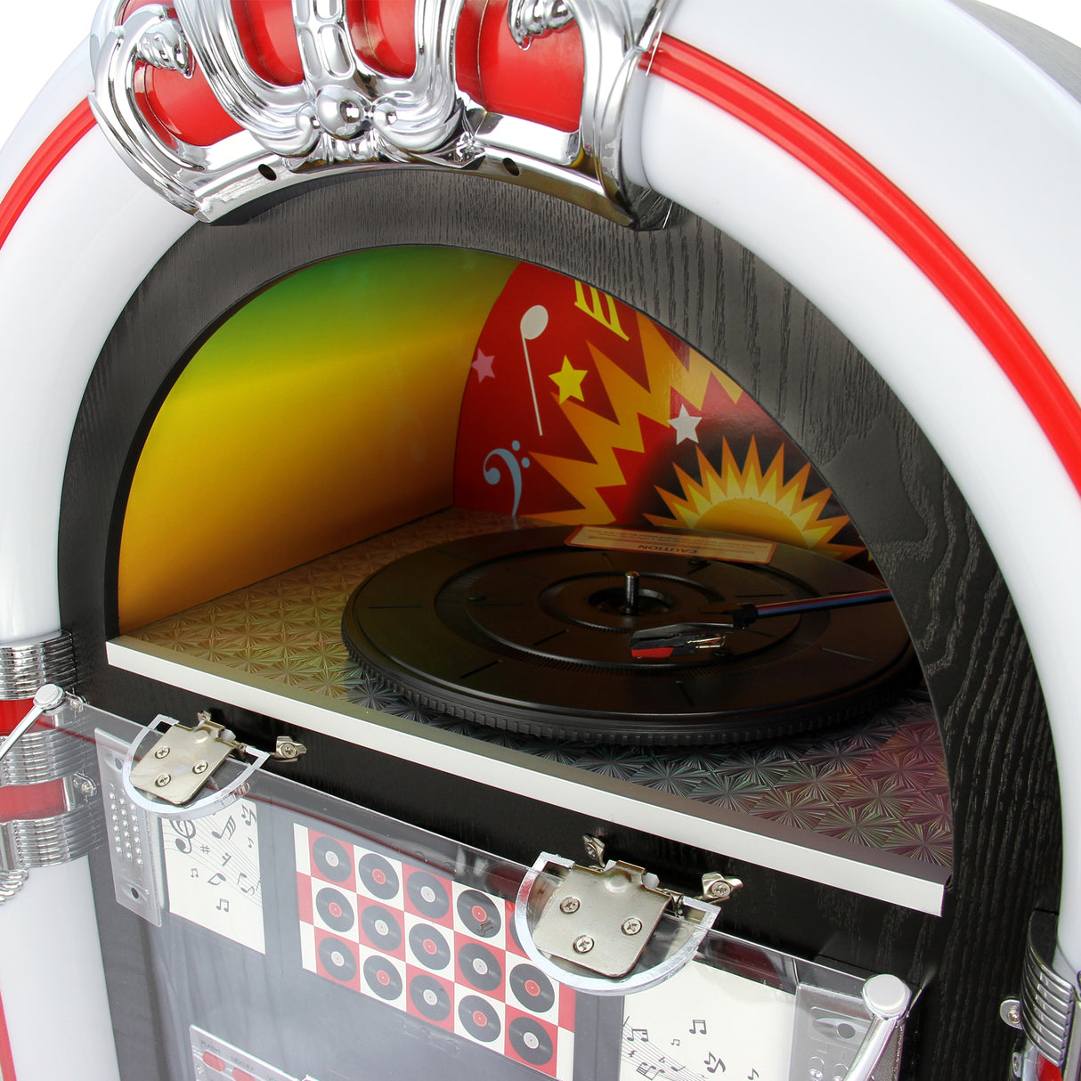 Juke-box rétro avec finition brillante, tourne-disques noir, décor coloré et compartiment pour CD, style vintage et vibrant