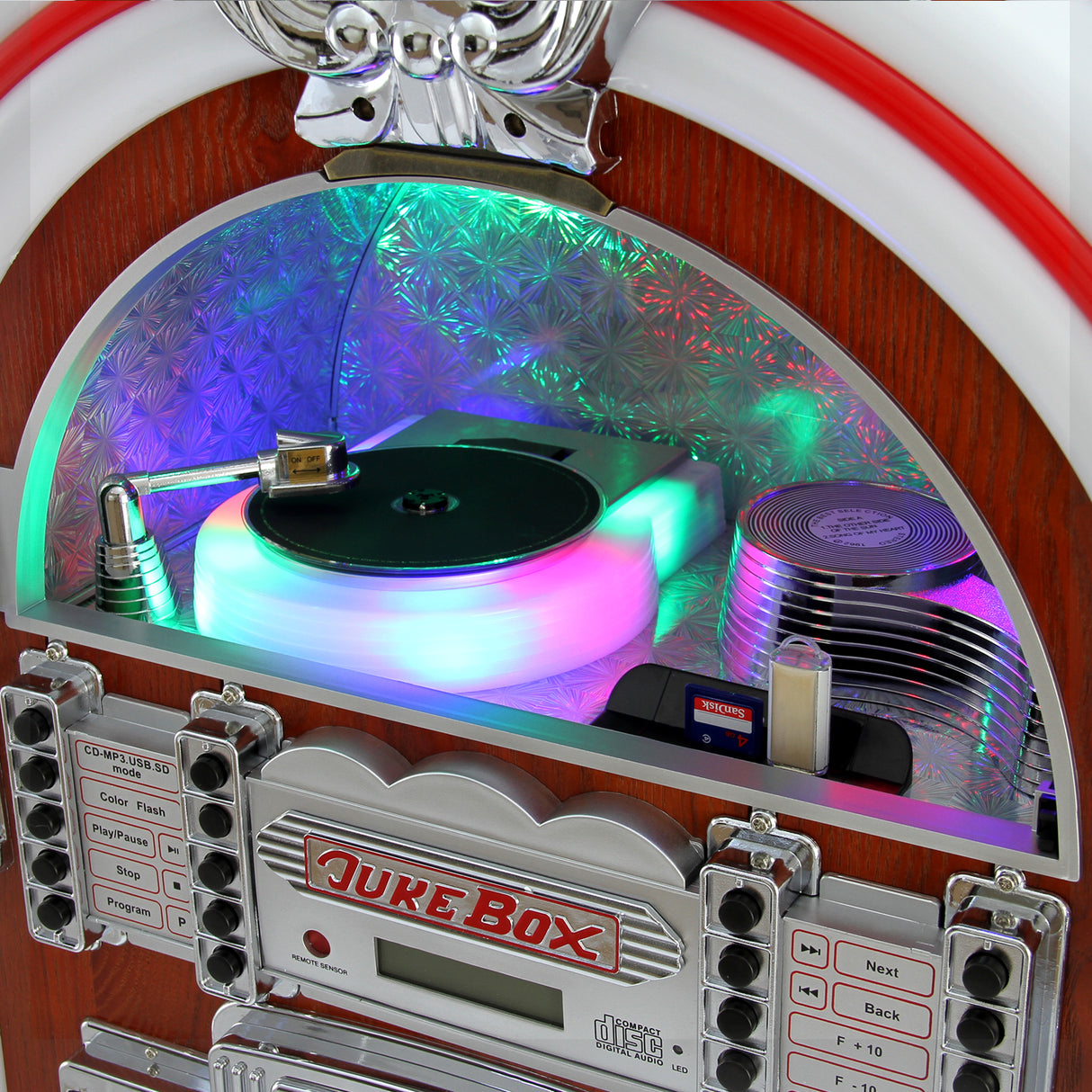 Juke-box rétro en bois avec éclairage LED coloré, lecteur CD, Bluetooth, et porte-CD, affichant un design vintage élégant