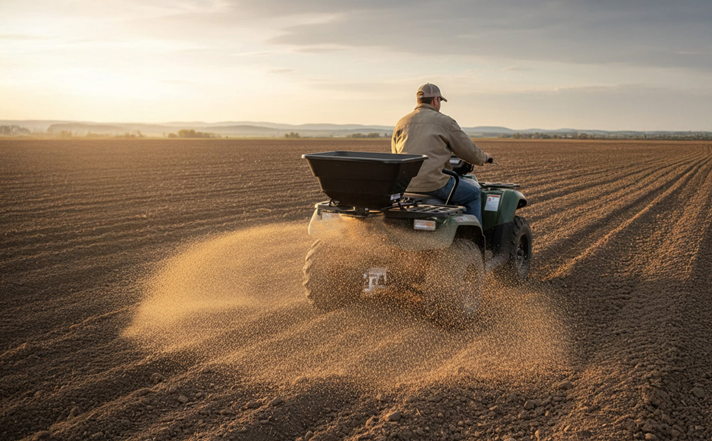 Homme conduisant un quad sur un champ, épandant de la terre, avec un ciel doré et des collines en arrière-plan au coucher du soleil